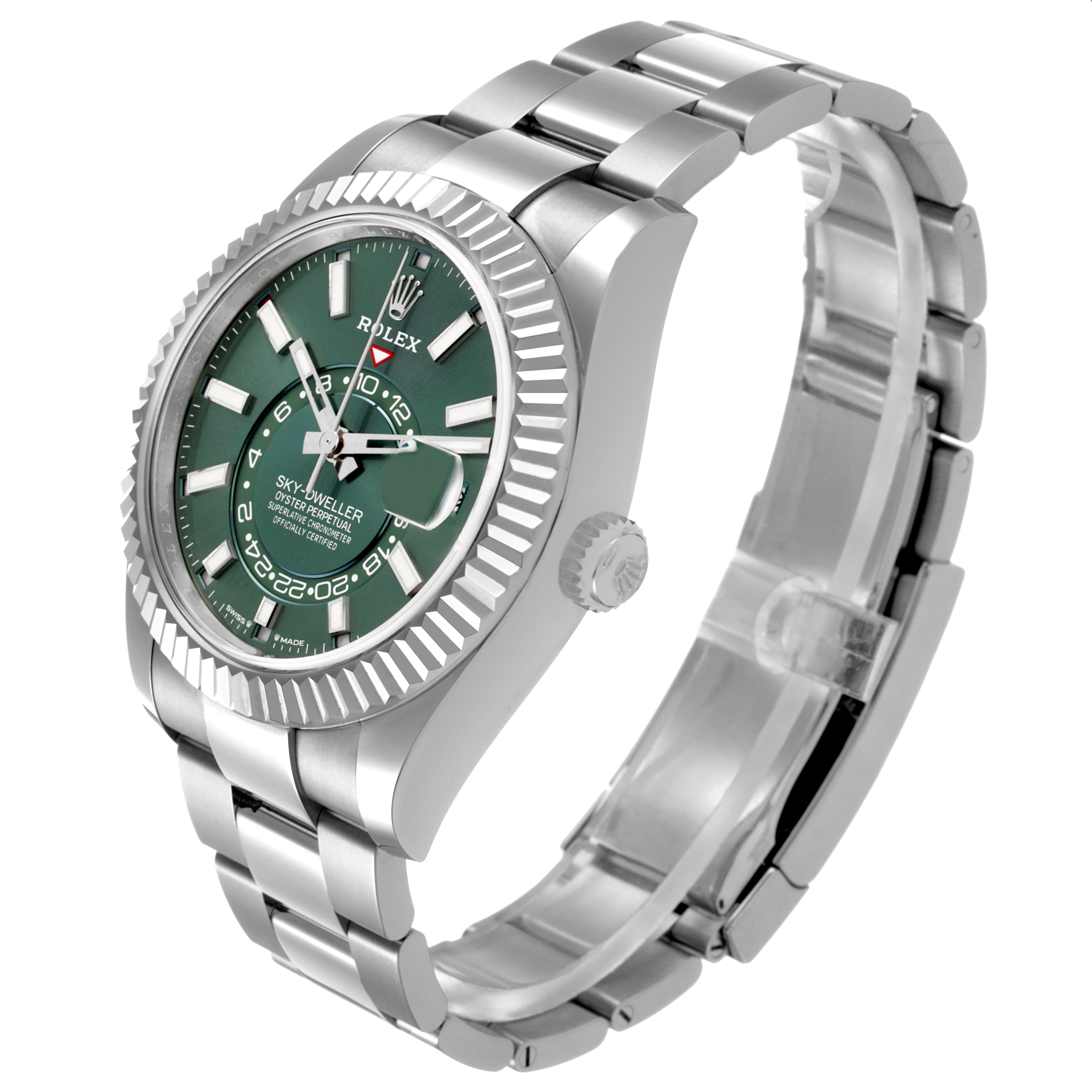 The Rolex Sky-Dweller 336934 Men's Stainless Steel Green Dial watch is shown at an angled side view, highlighting the green dial, fluted bezel, and bracelet.