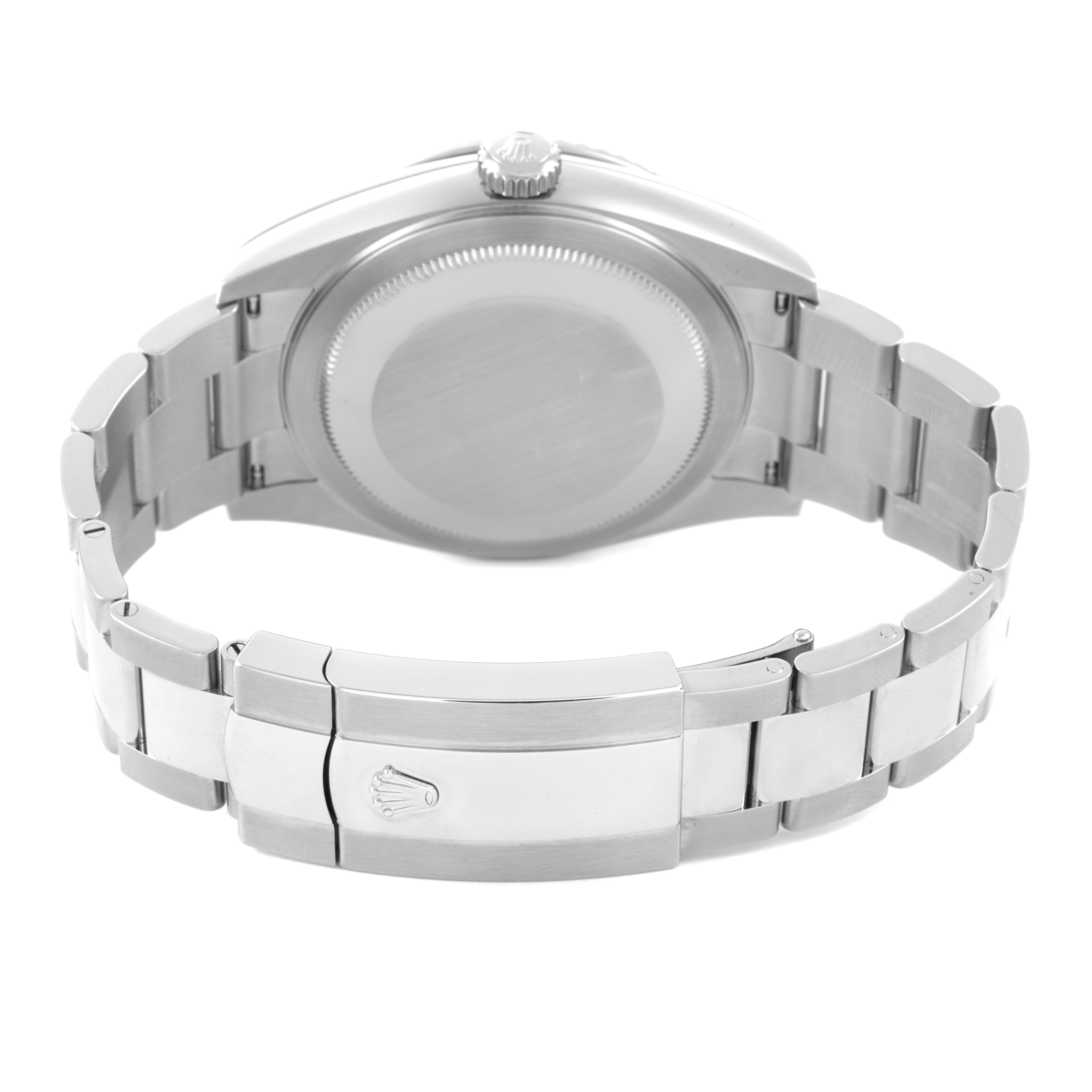 The image shows the back of the Rolex Sky-Dweller 336934 Men's Stainless Steel Green Dial, highlighting the clasp and bracelet.