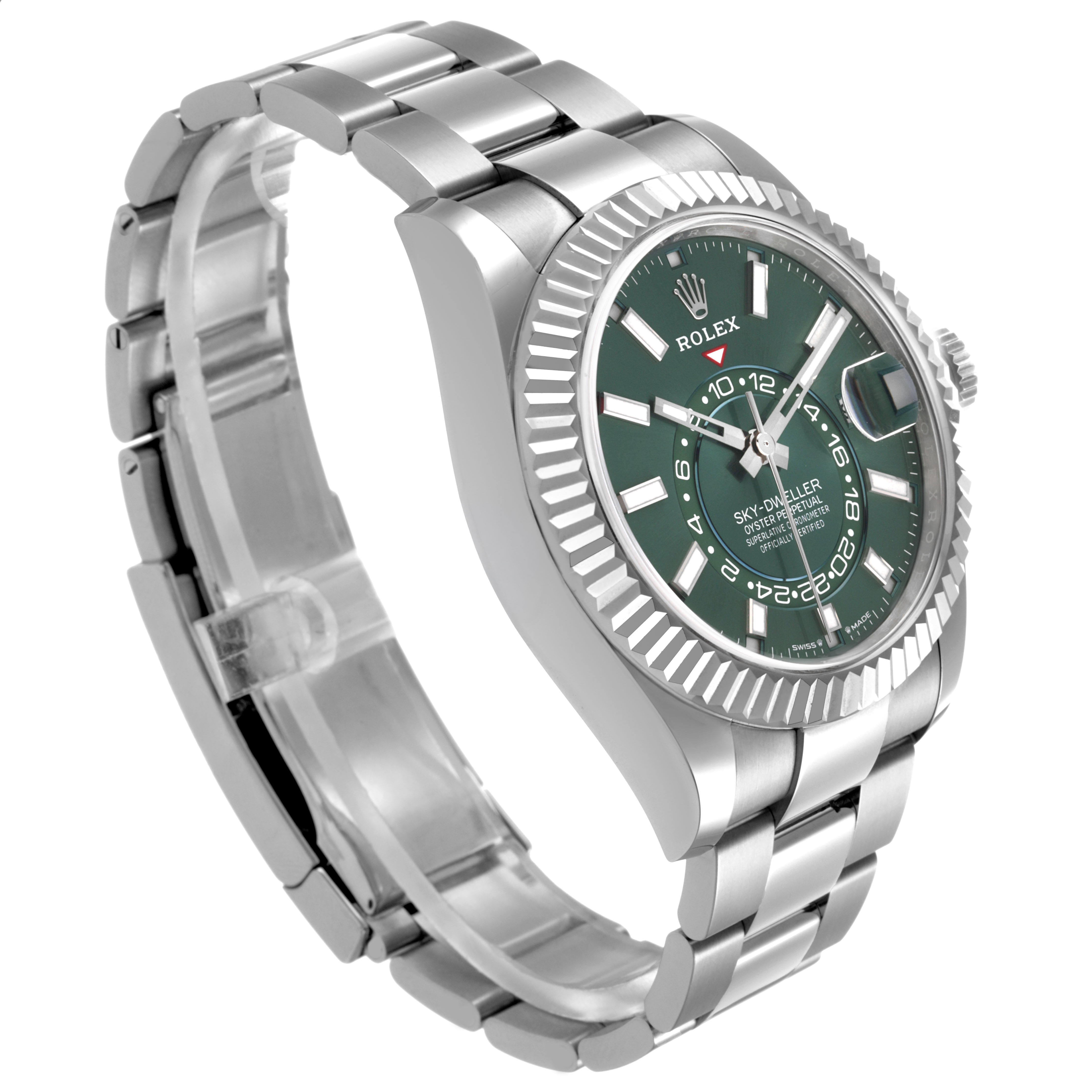 The watch, a Rolex Sky-Dweller 336934 Men's Stainless Steel Green Dial, is angled showing the face, bezel, crown, and stainless steel bracelet.
