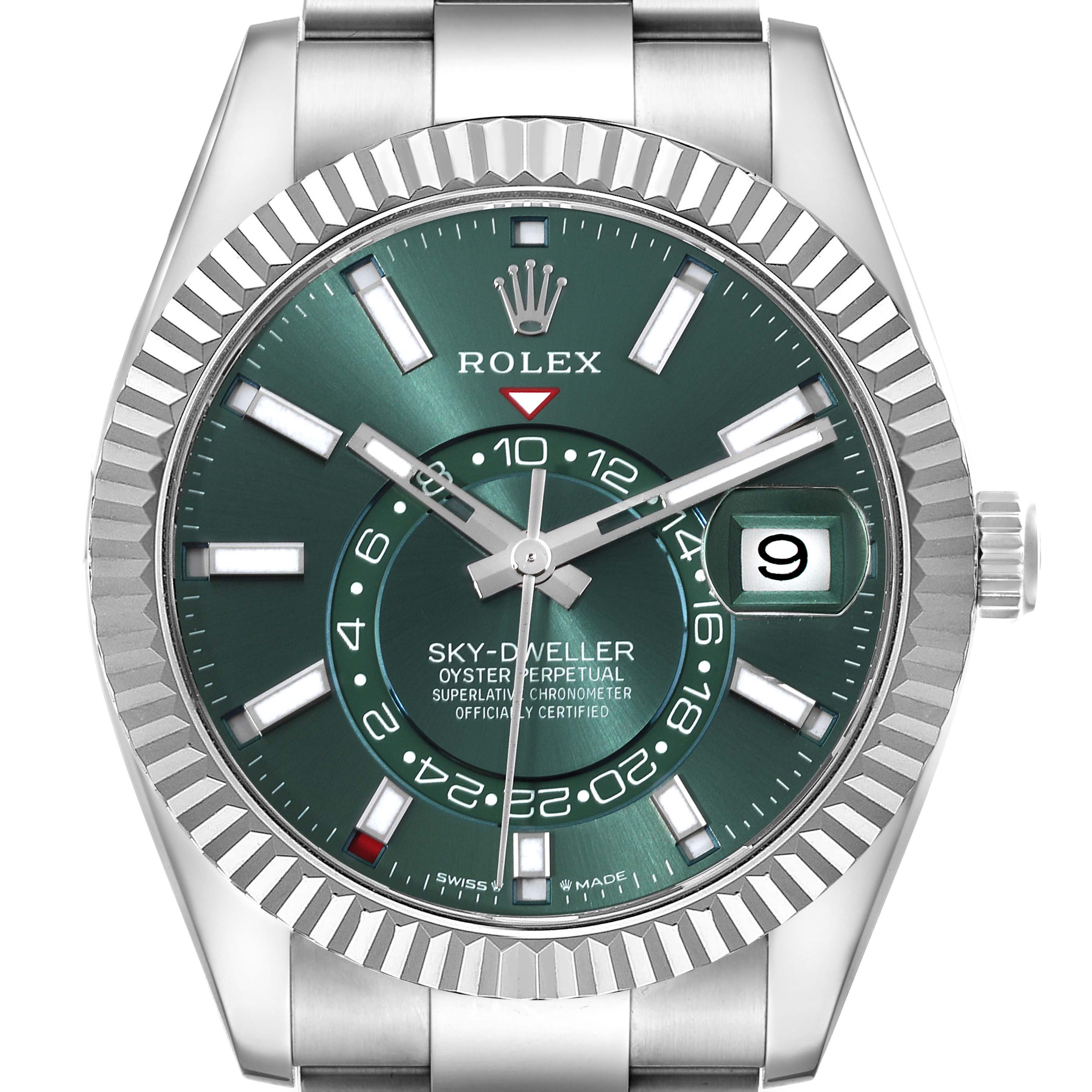 This image shows a close-up of the Rolex Sky-Dweller 336934 Men
s Stainless Steel Green Dial 336934 Men
s Stainless Steel Green Dial watch, displaying its dial, hands, bezel, and partially visible bracelet.