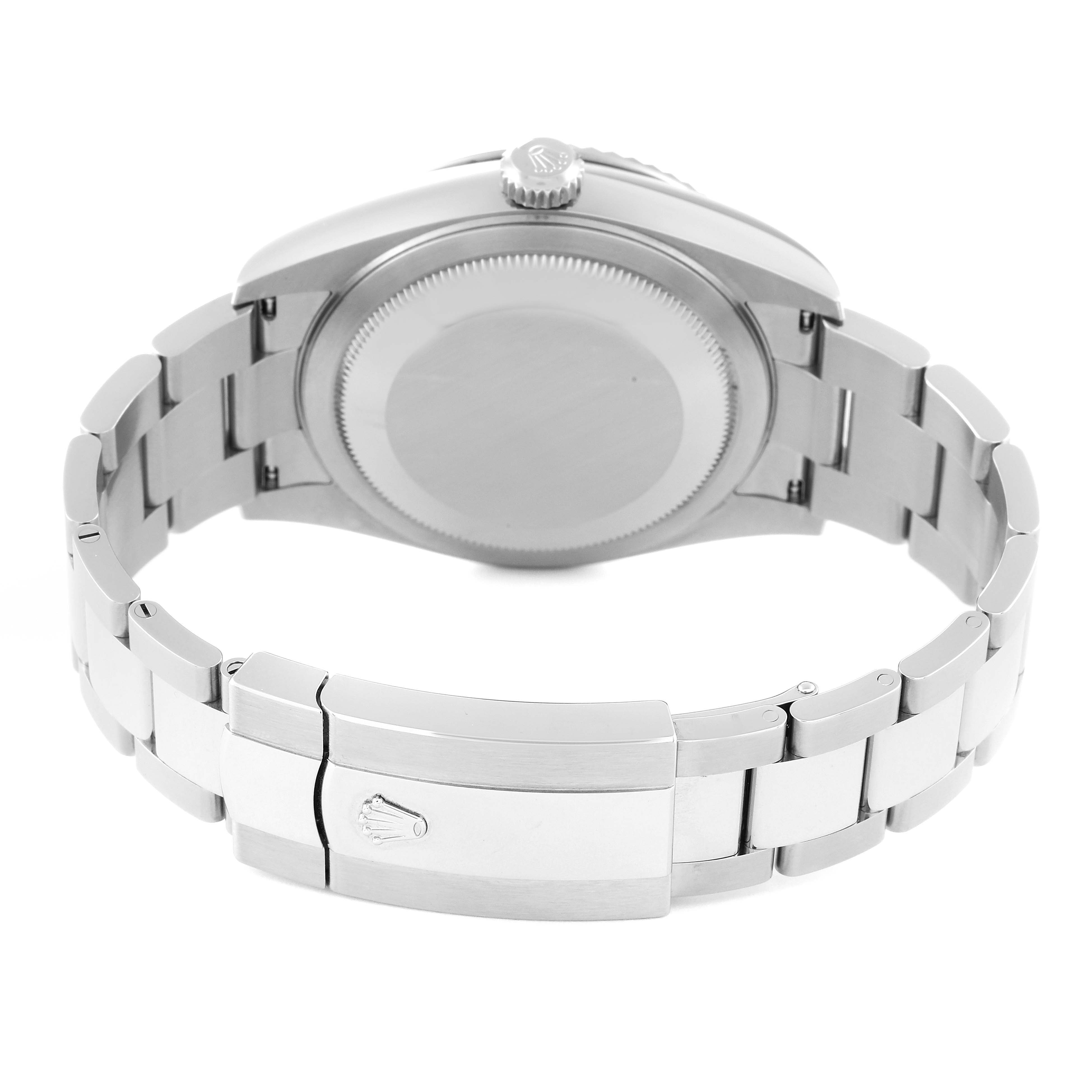 The image shows the back view of a Rolex Sky-Dweller 336934 Men
s Stainless Steel Green Dial 336934 Men
s Stainless Steel Green Dial watch, highlighting the clasp and bracelet.