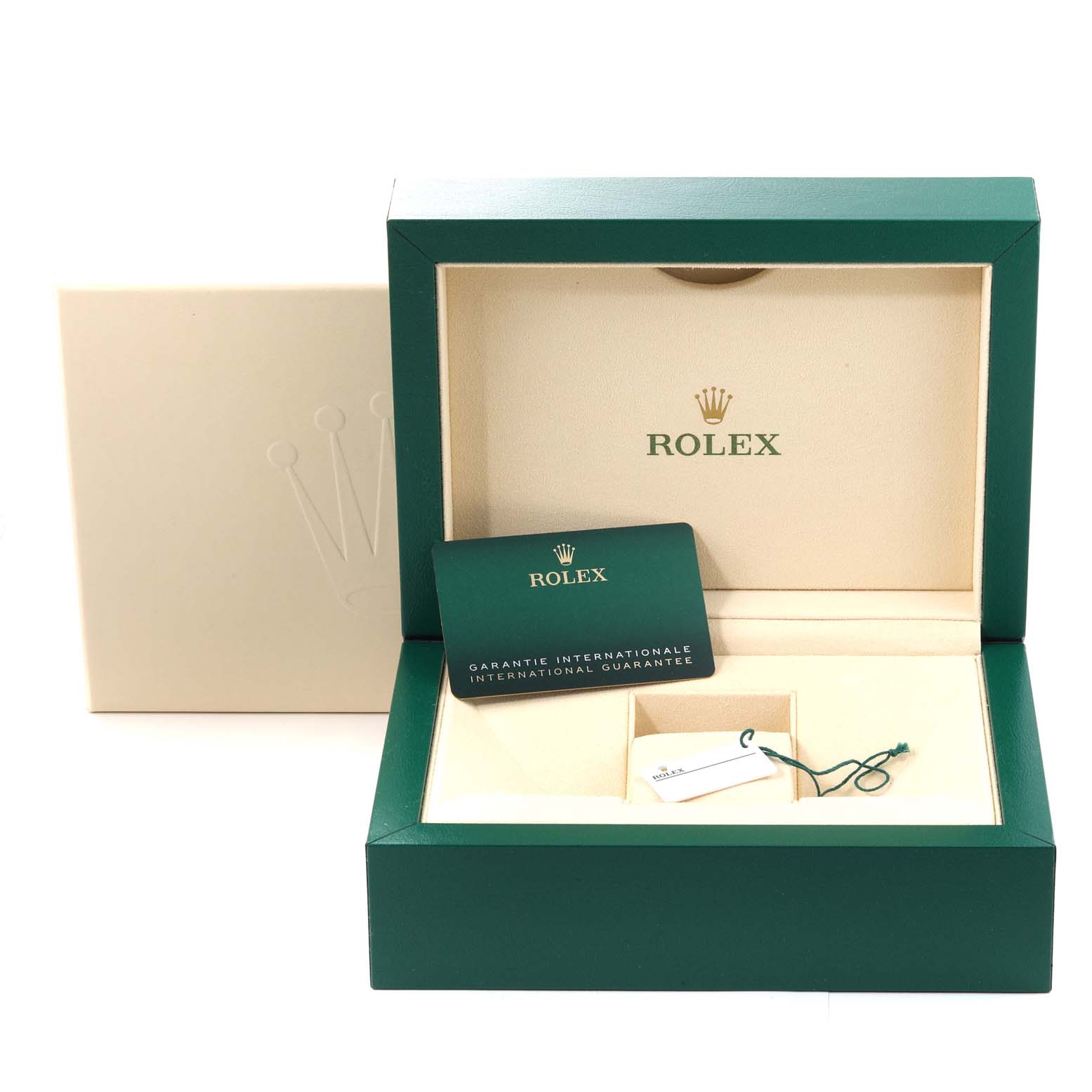The image shows an open Rolex Sky-Dweller 336934 Men
s Stainless Steel Green Dial 336934 Men
s Stainless Steel Green Dial watch box with warranty card and tags.