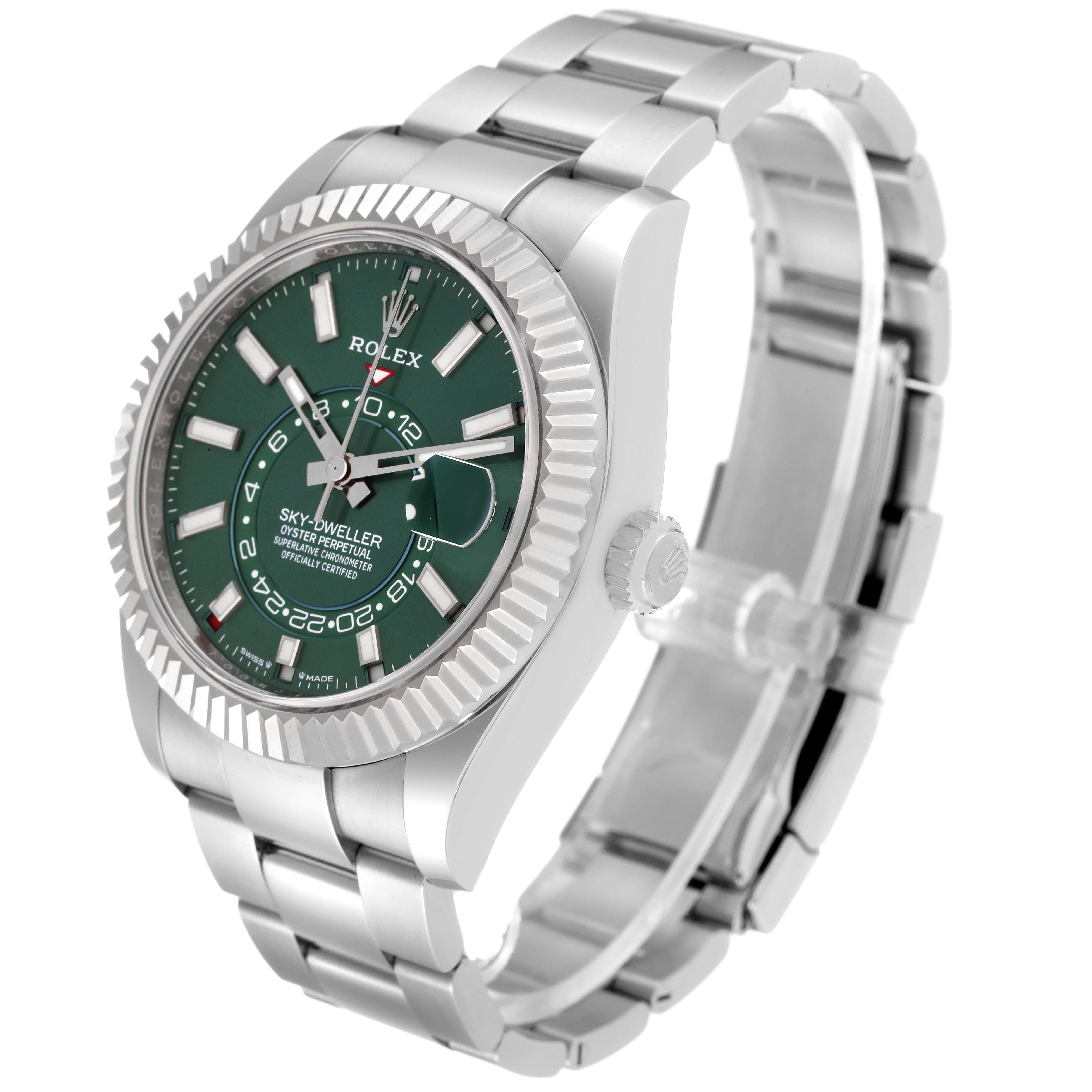 The image shows a Rolex Sky-Dweller 336934 Men
s Stainless Steel Green Dial 336934 Men
s Stainless Steel Green Dial watch angled to display the face, bezel, crown, and bracelet.