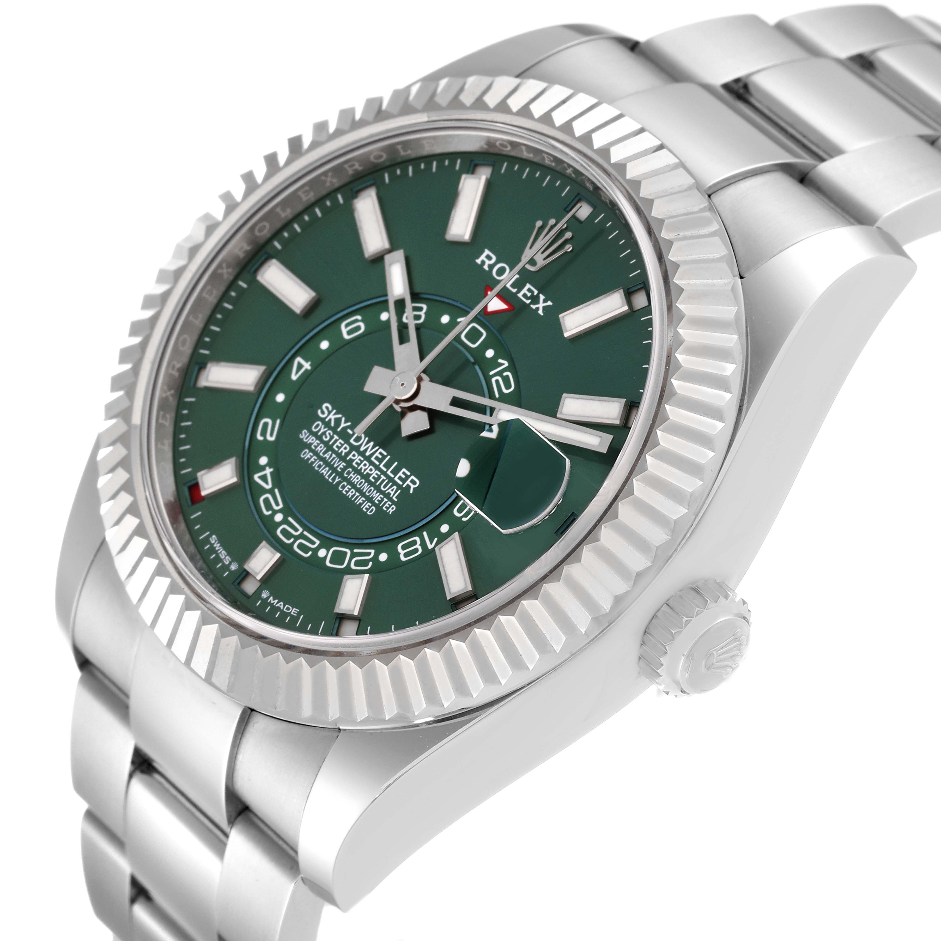 The image shows a Rolex Sky-Dweller 336934 Men
s Stainless Steel Green Dial 336934 Men
s Stainless Steel Green Dial watch at a slight angle, highlighting the green dial, fluted bezel, and part of the bracelet.