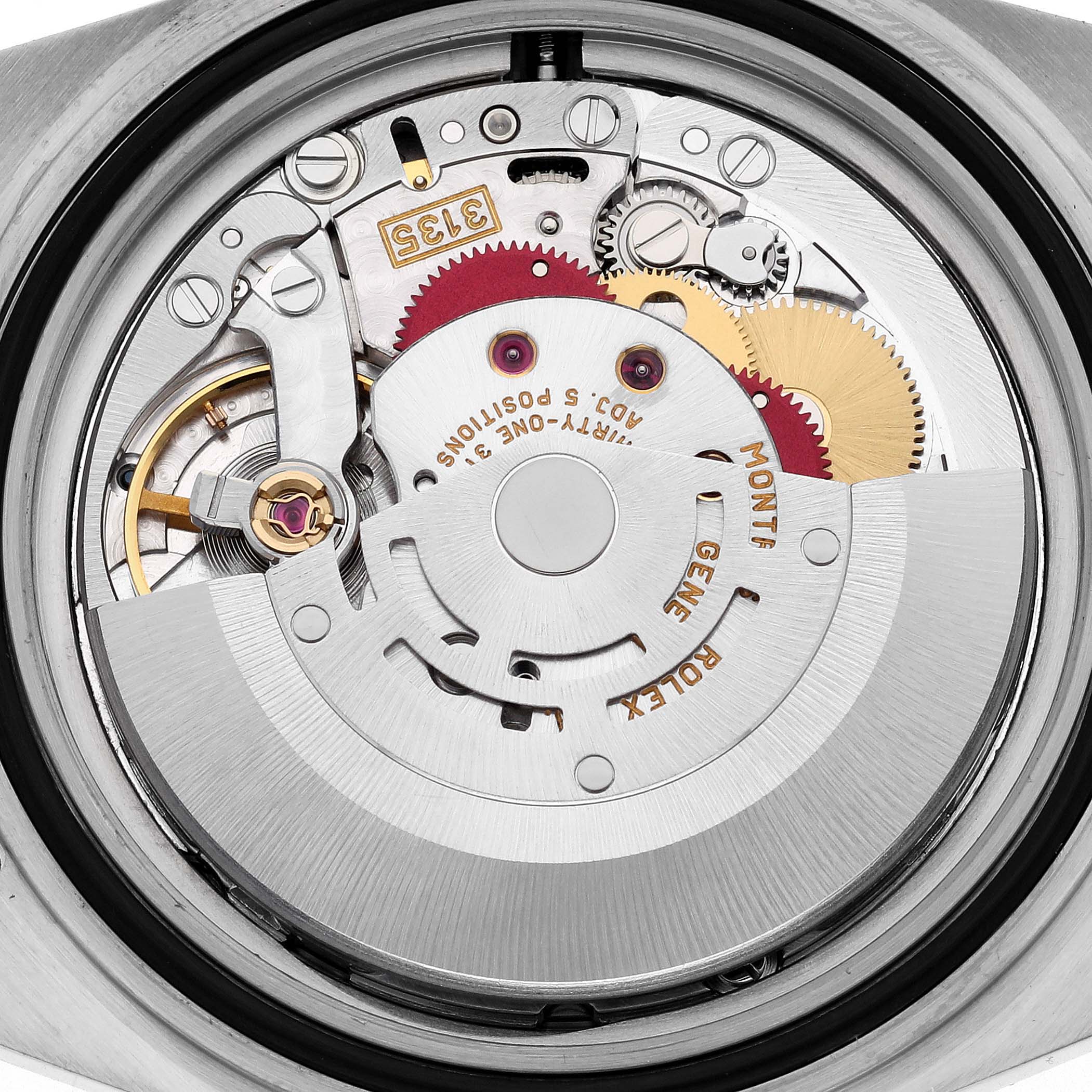 This image shows the movement of a Rolex Submariner 16613 Men's Steel and Gold (two tone) Blue Dial 16613 Men's Steel and Gold (two tone) Blue Dial, displaying gears and mechanical components from the back.