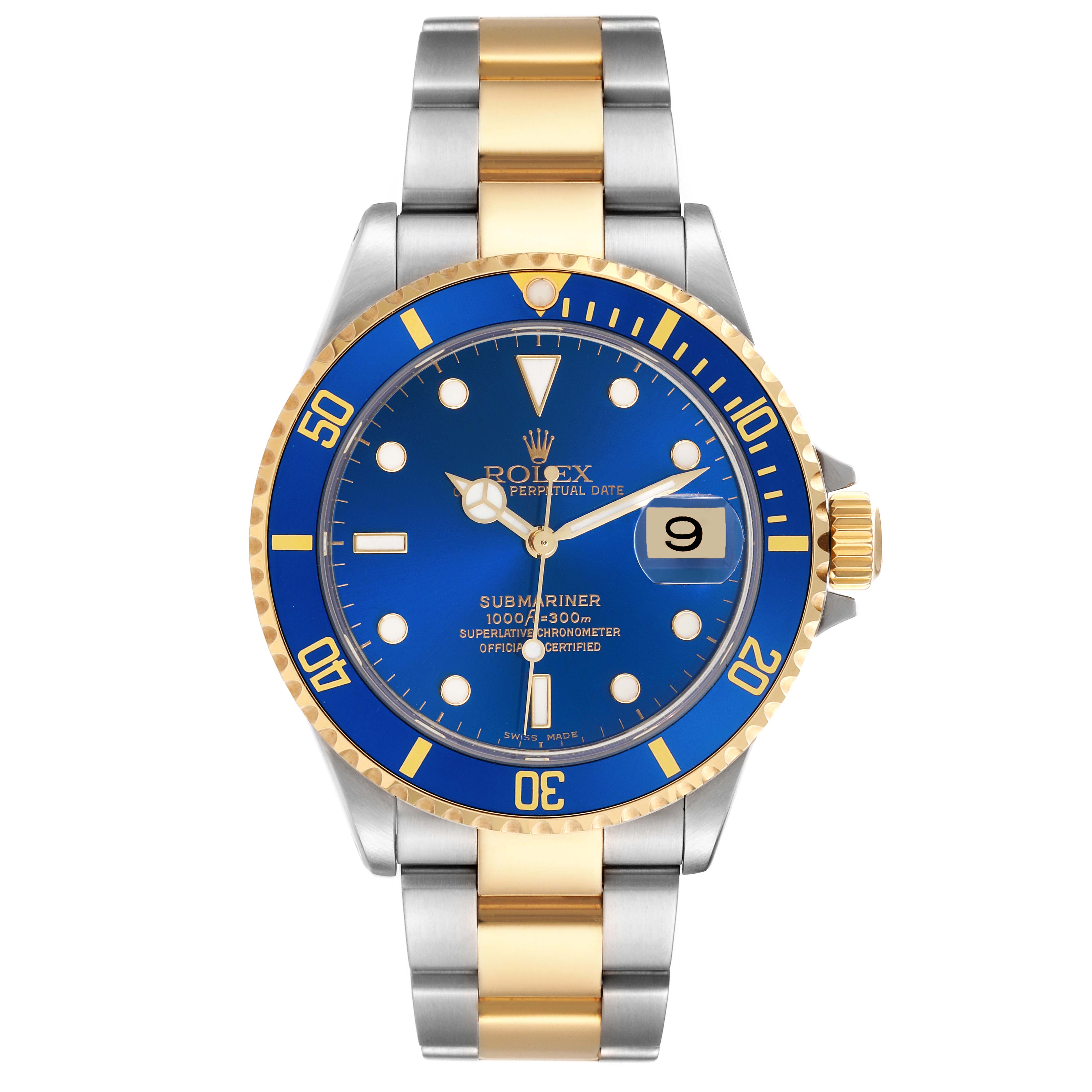 The Rolex Submariner 16613 Men's Steel and Gold (two tone) Blue Dial 16613 Men's Steel and Gold (two tone) Blue Dial watch is shown from a front angle, displaying its blue dial, bezel, and two-tone bracelet.