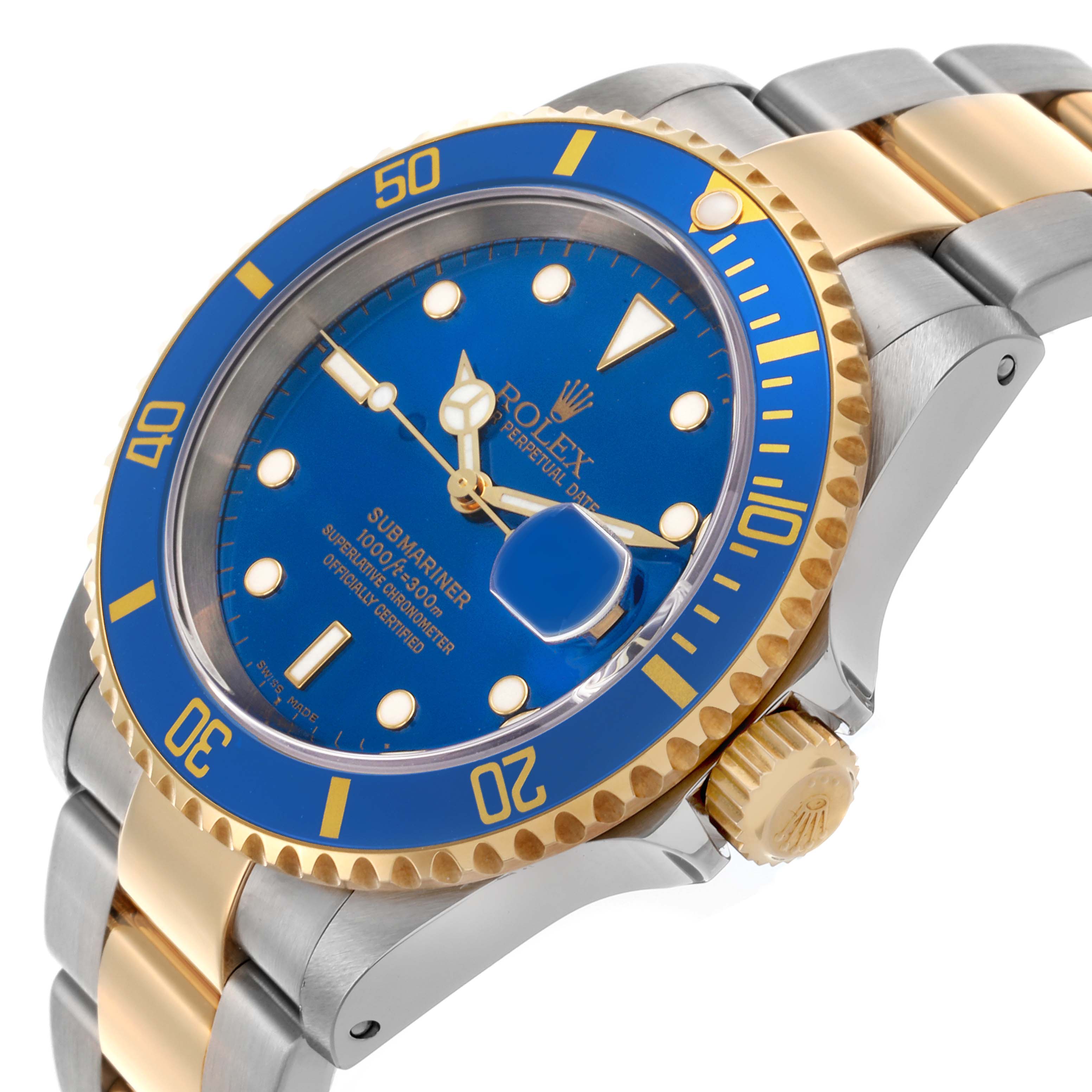The Rolex Submariner 16613 Men's Steel and Gold (two tone) Blue Dial 16613 Men's Steel and Gold (two tone) Blue Dial is shown at an angle highlighting its blue dial, bezel, crown, and two-tone bracelet.