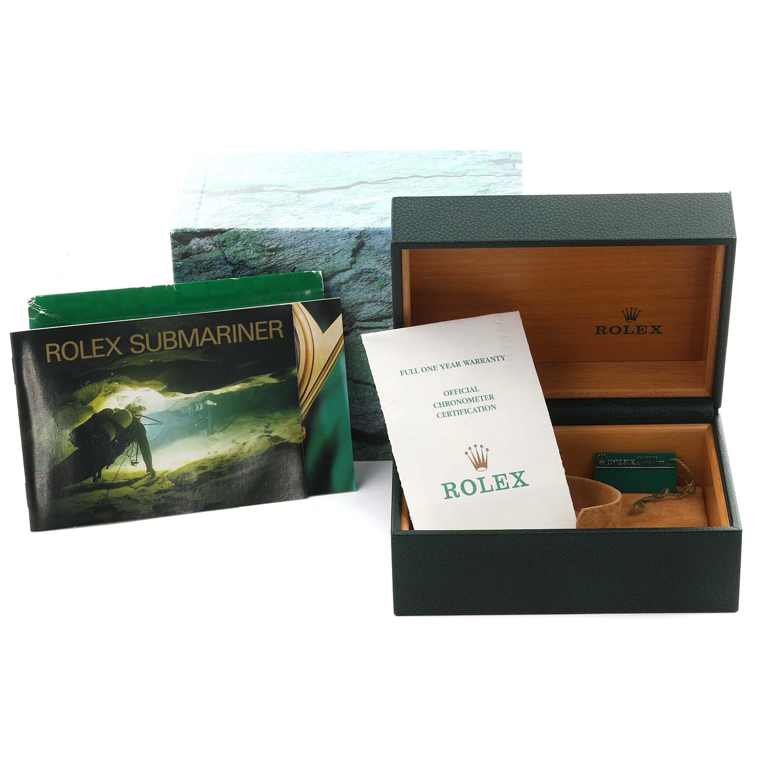 The image shows the packaging, manuals, and warranty card for the Rolex Submariner 16613 Men's Steel and Gold (two tone) Blue Dial 16613 Men's Steel and Gold (two tone) Blue Dial watch.
