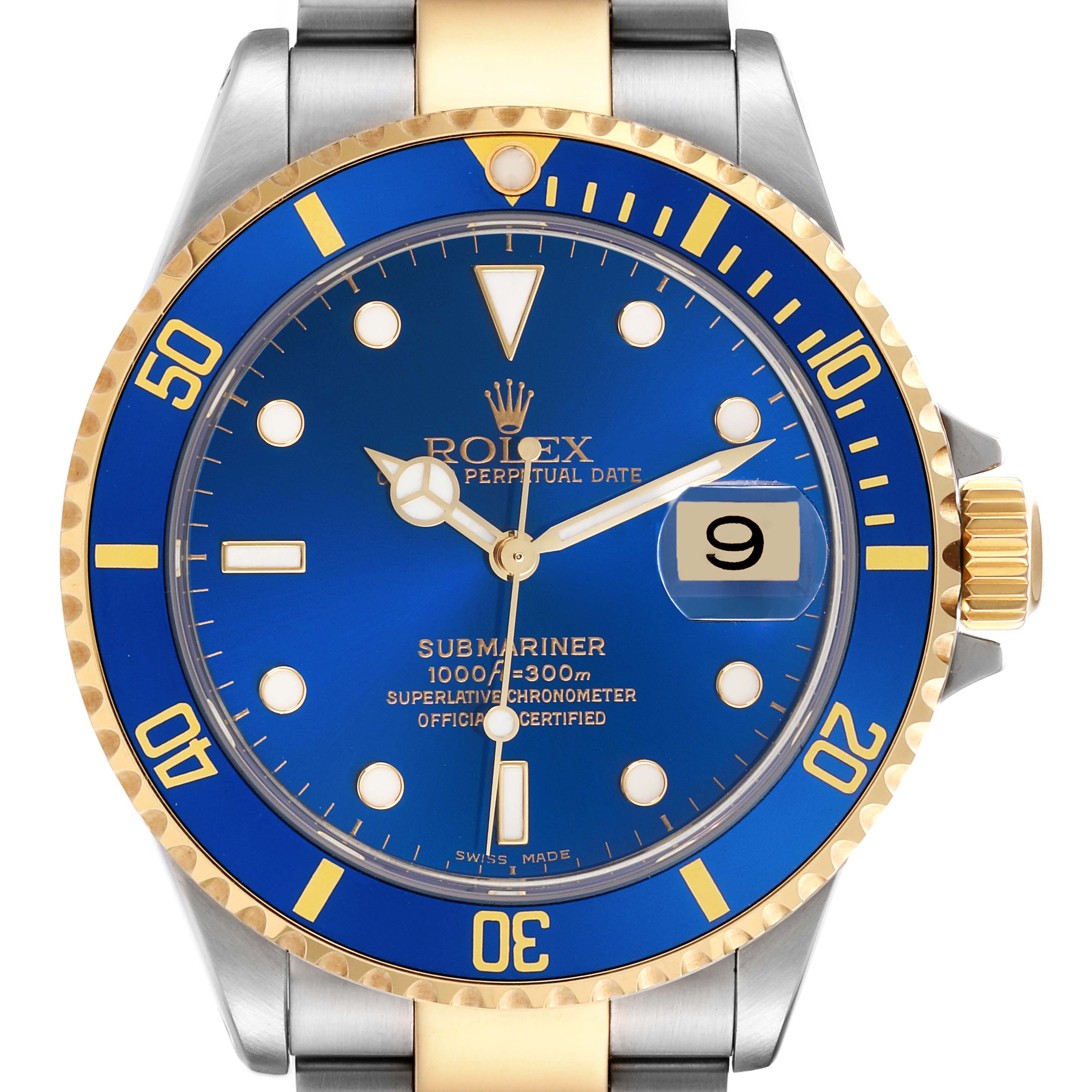 The Rolex Submariner 16613 Men's Steel and Gold (two tone) Blue Dial 16613 Men's Steel and Gold (two tone) Blue Dial watch is shown from the front, displaying the face, bezel, and part of the bracelet.