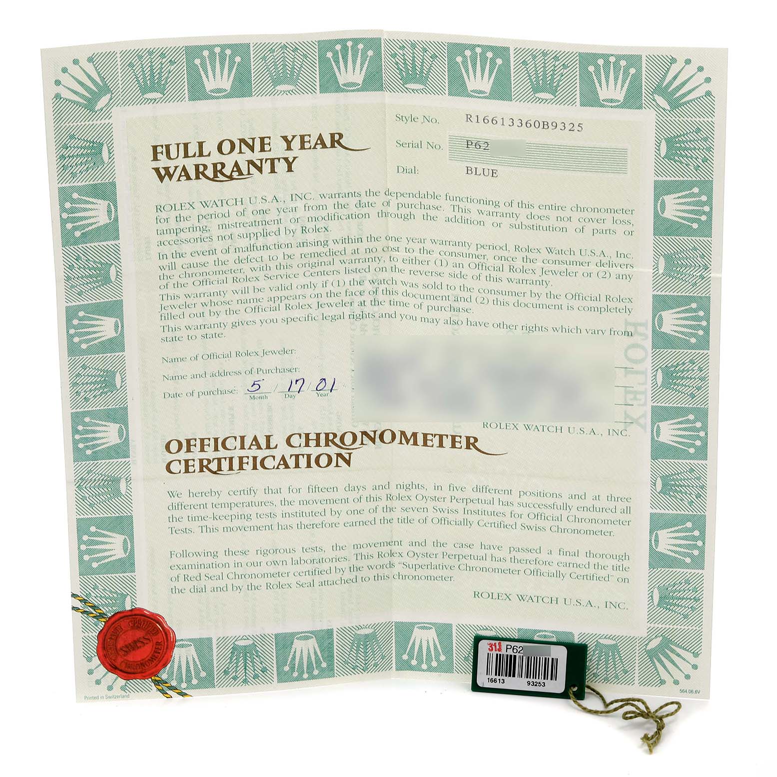 This image shows a Rolex Submariner 16613 Men's Steel and Gold (two tone) Blue Dial 16613 Men's Steel and Gold (two tone) Blue Dial warranty card and certification, with the watch model and serial number visible.