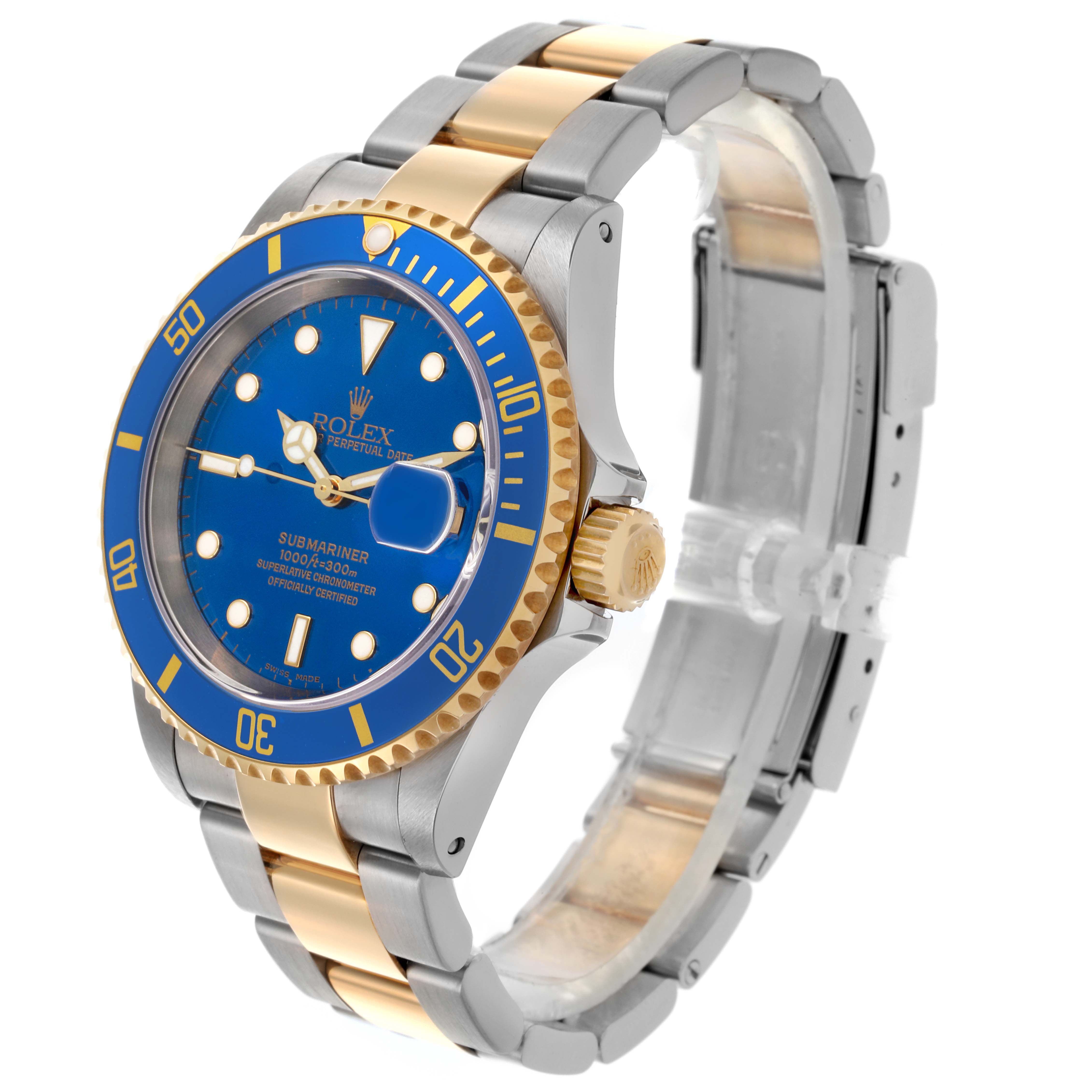 The Rolex Submariner 16613 Men's Steel and Gold (two tone) Blue Dial 16613 Men's Steel and Gold (two tone) Blue Dial is shown at a three-quarter angle, highlighting its blue bezel, gold and silver link bracelet, and crown.