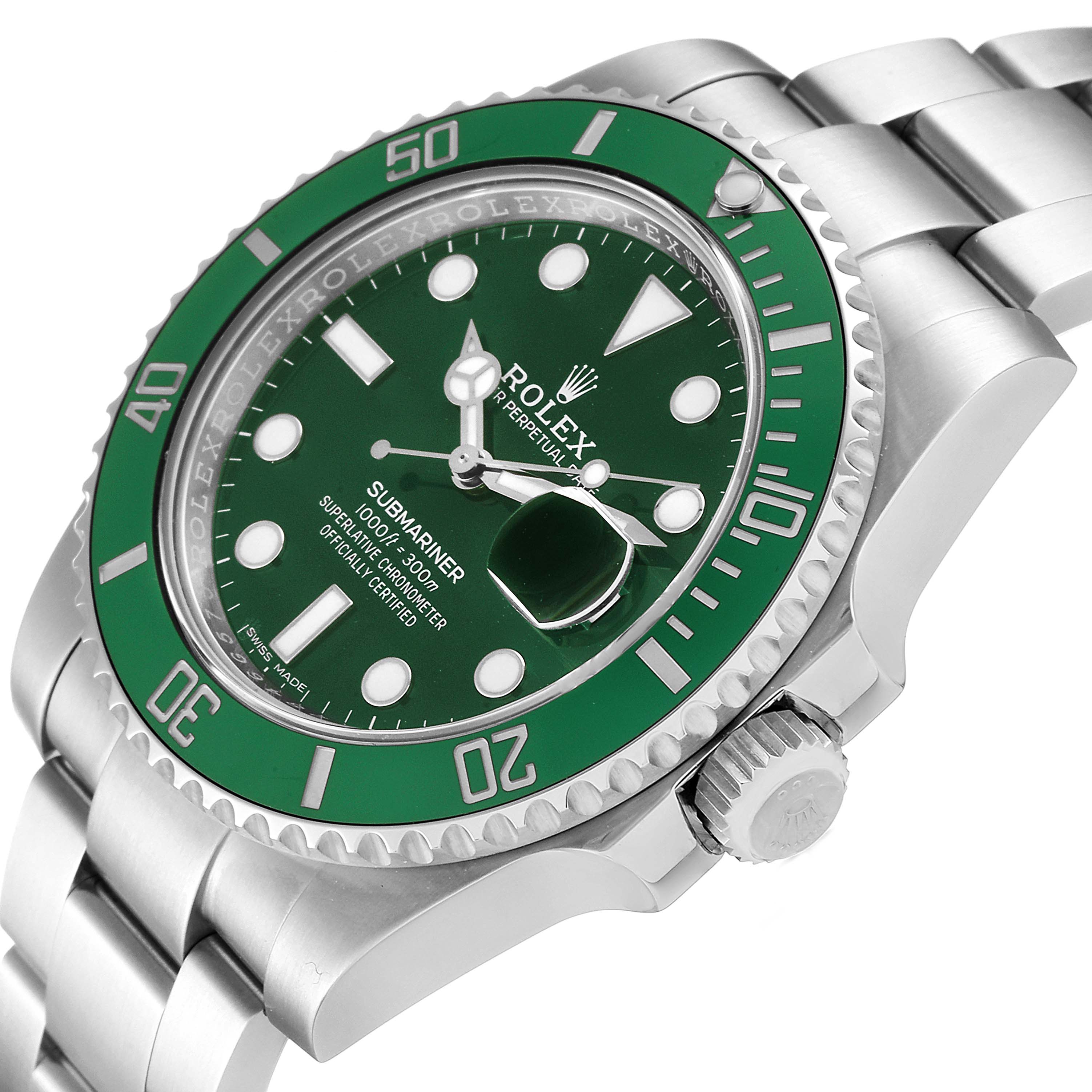 The image shows a Rolex Submariner 116610LV Men
s Stainless Steel Green Dial 116610LV Men
s Stainless Steel Green Dial watch angled to display the green bezel, dial, crown, and part of the bracelet.