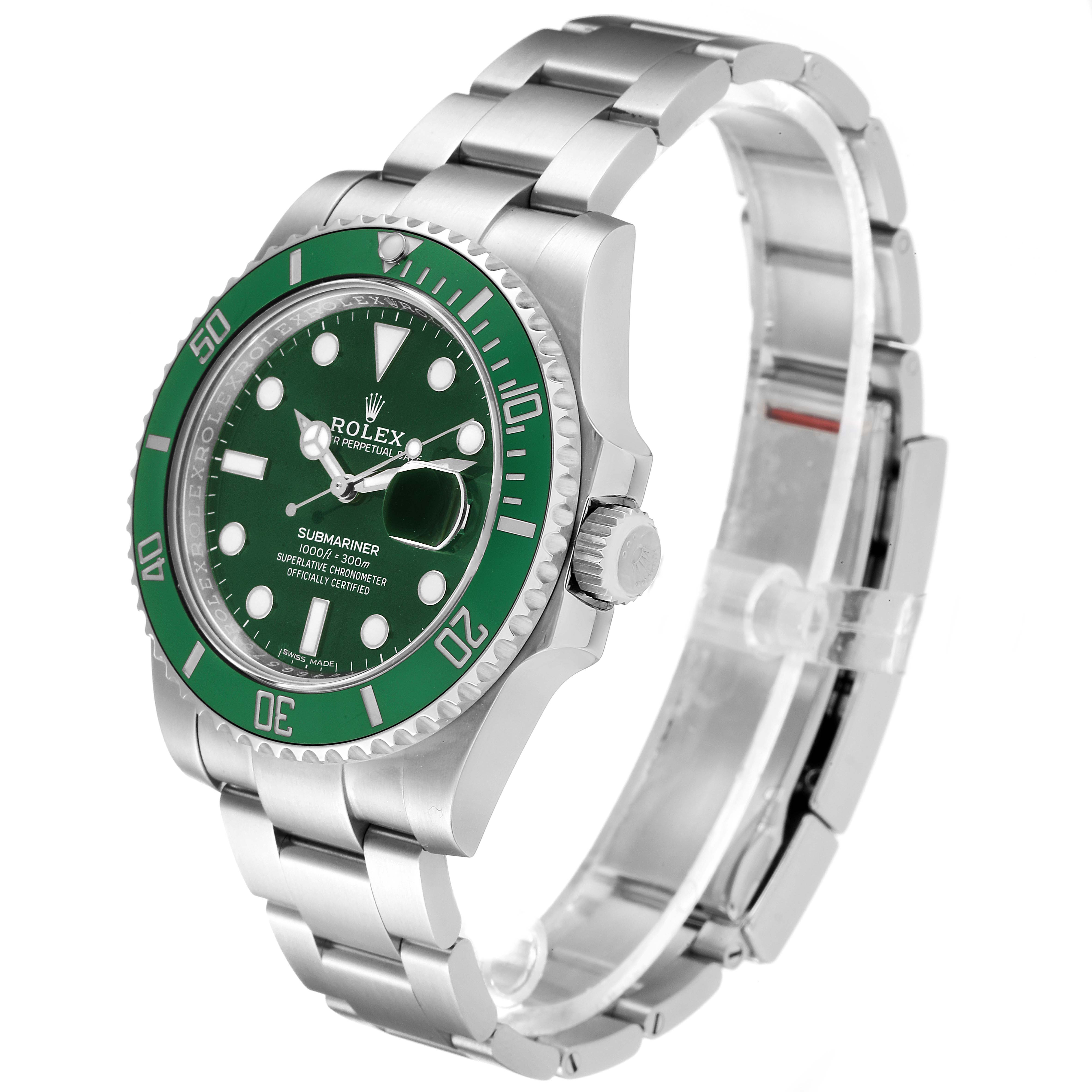 This image shows a Rolex Submariner 116610LV Men
s Stainless Steel Green Dial 116610LV Men
s Stainless Steel Green Dial from a three-quarter angle, highlighting its green bezel, dial, and stainless steel bracelet.