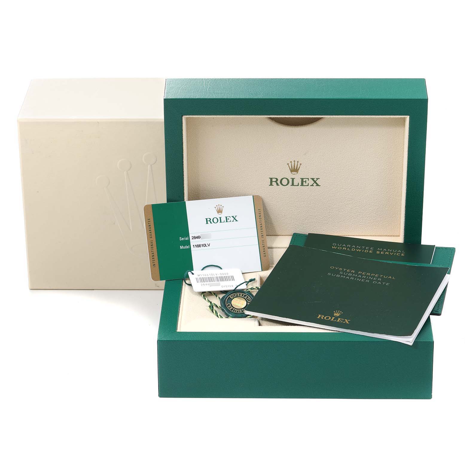 The image shows the packaging and accessories for a Rolex Submariner 116610LV Men
s Stainless Steel Green Dial 116610LV Men
s Stainless Steel Green Dial, including the box, manual, and guarantee card.