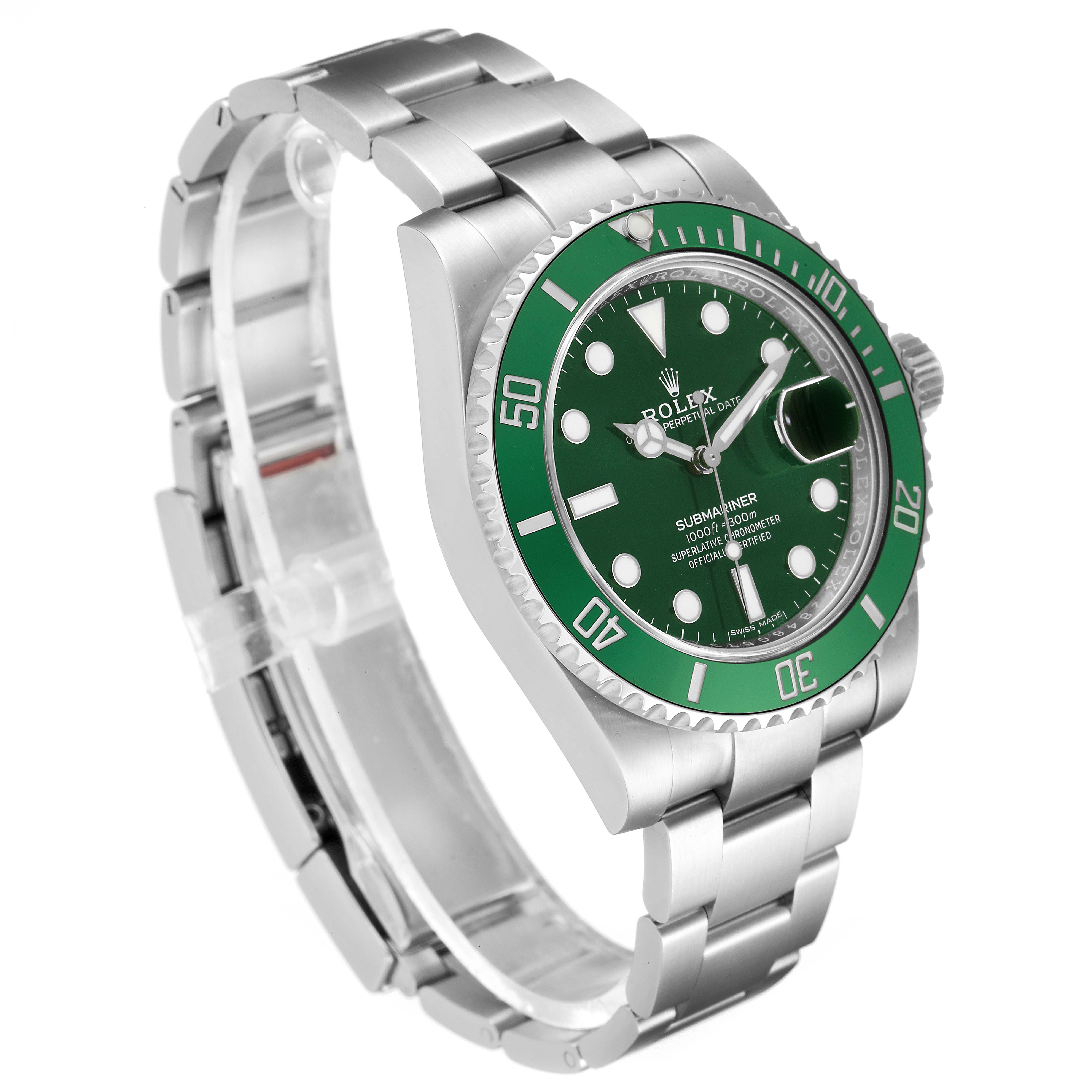 The Rolex Submariner 116610LV Men
s Stainless Steel Green Dial 116610LV Men
s Stainless Steel Green Dial watch is shown at an angled side view, displaying its green bezel, green dial, and stainless steel bracelet.