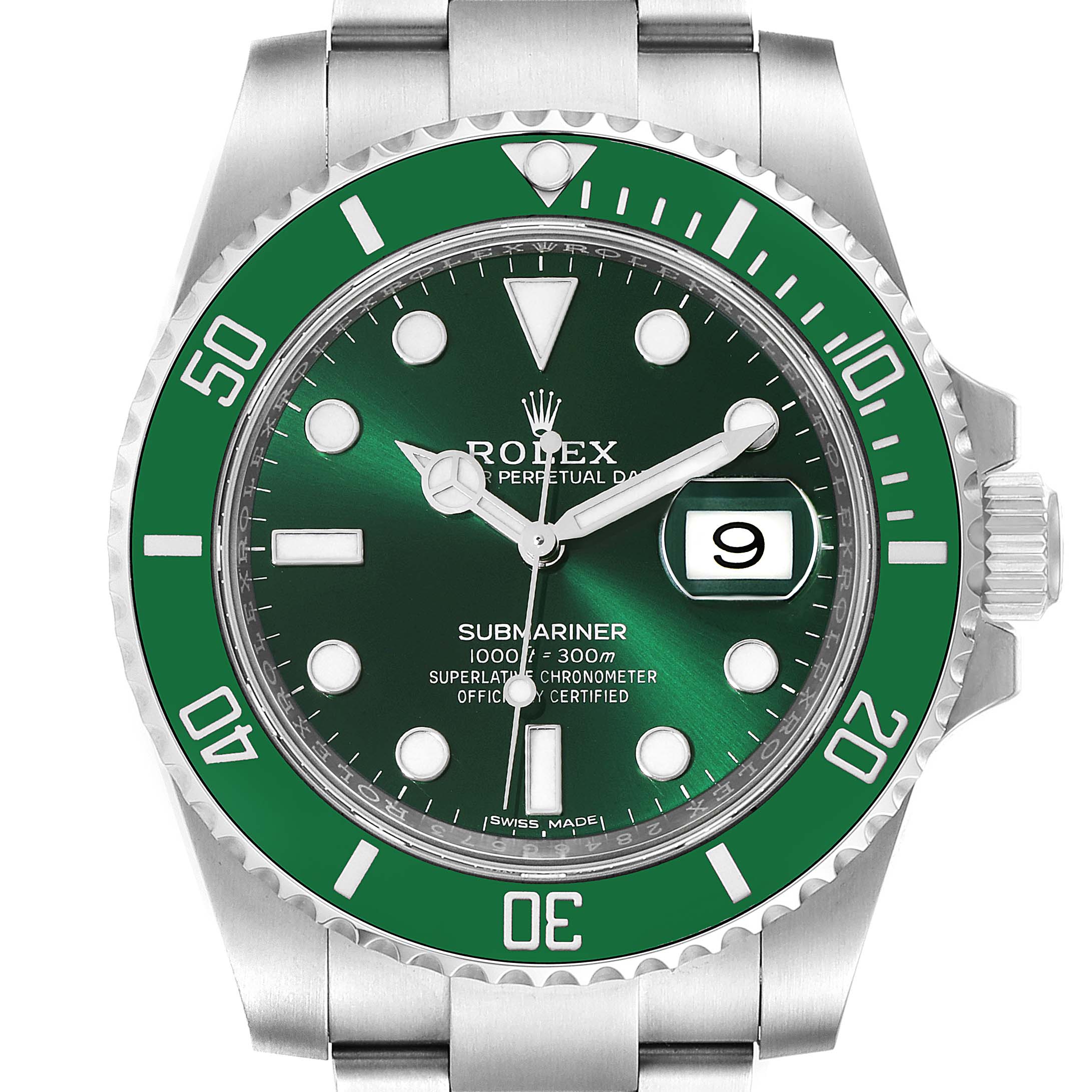 The image shows a front view of the Rolex Submariner 116610LV Men
s Stainless Steel Green Dial 116610LV Men
s Stainless Steel Green Dial watch, highlighting the green bezel, dial, and date window.