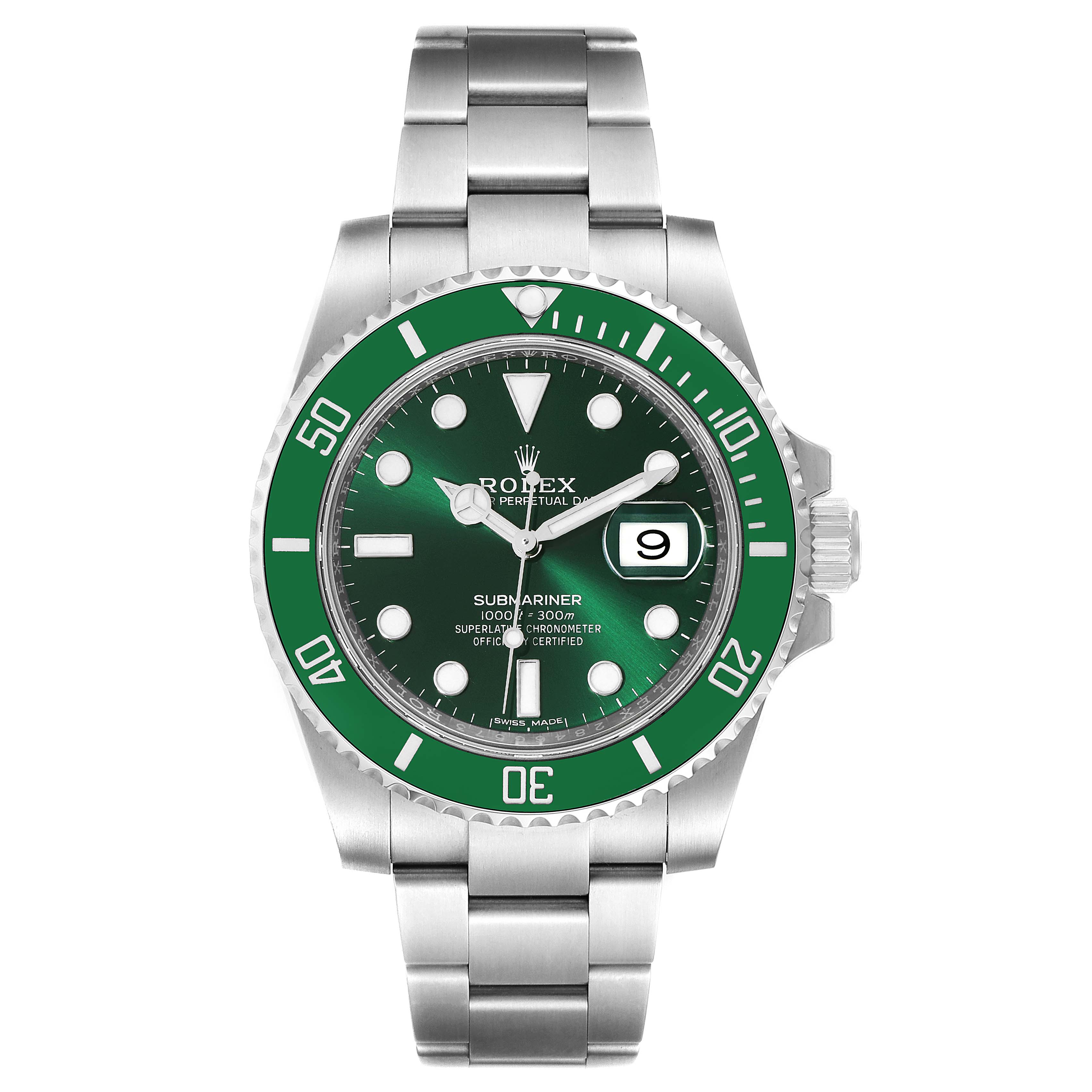The image shows a front view of the Rolex Submariner 116610LV Men
s Stainless Steel Green Dial 116610LV Men
s Stainless Steel Green Dial watch, displaying the dial, bezel, and bracelet.