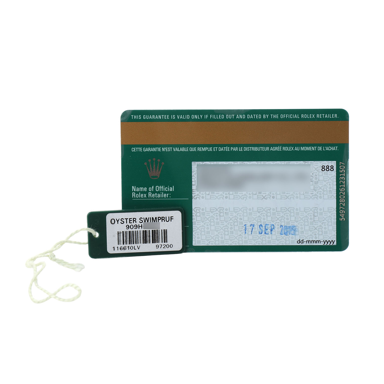 The image shows the warranty card and hang tag for a Rolex Submariner 116610LV Men's Stainless Steel Green Dial model, viewed from the front.