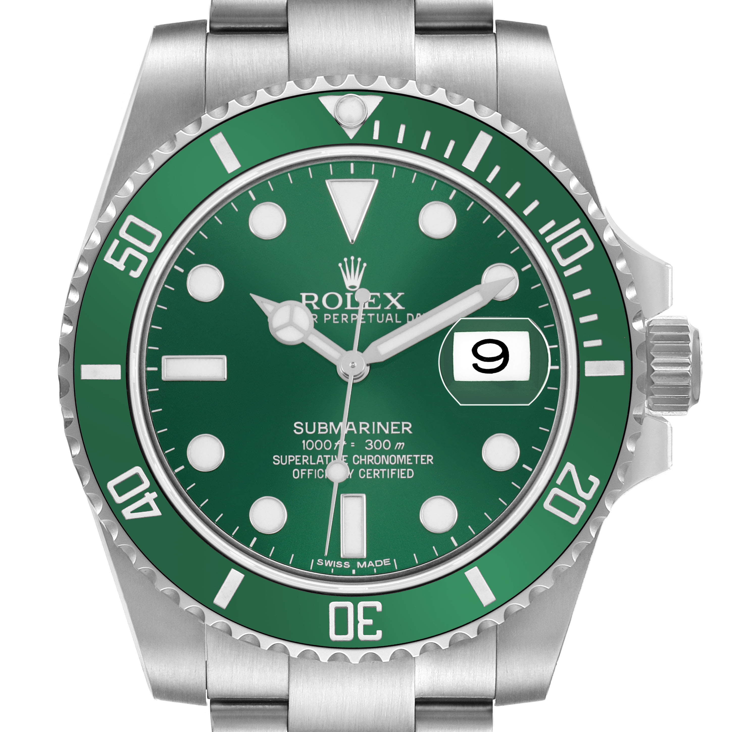 The Rolex Submariner 116610LV Men's Stainless Steel Green Dial watch is shown from the front, featuring a green bezel and dial, with visible date and stainless steel bracelet.