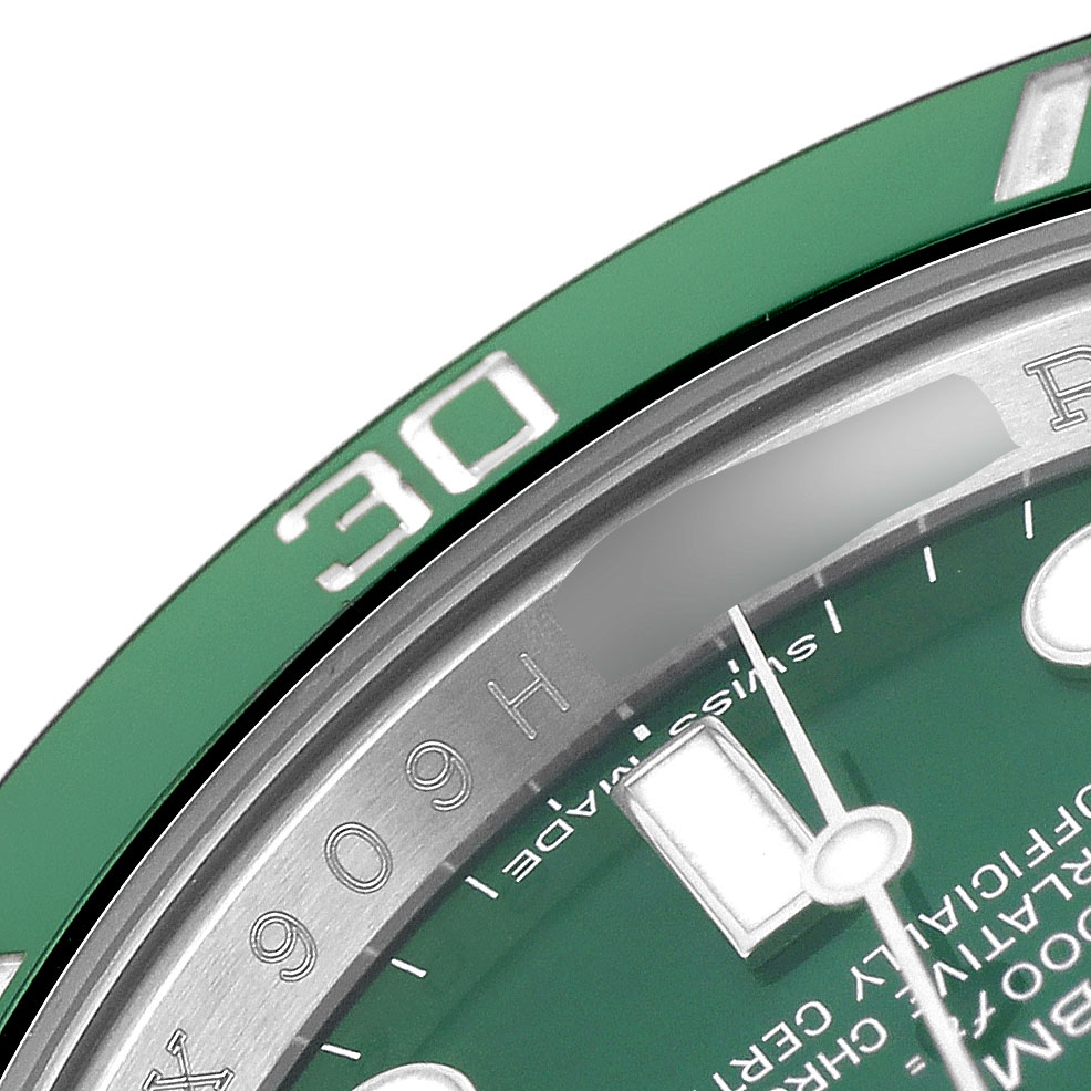 The image shows a close-up of the bezel and dial of the Rolex Submariner 116610LV Men's Stainless Steel Green Dial, focusing on the 30-minute marker.