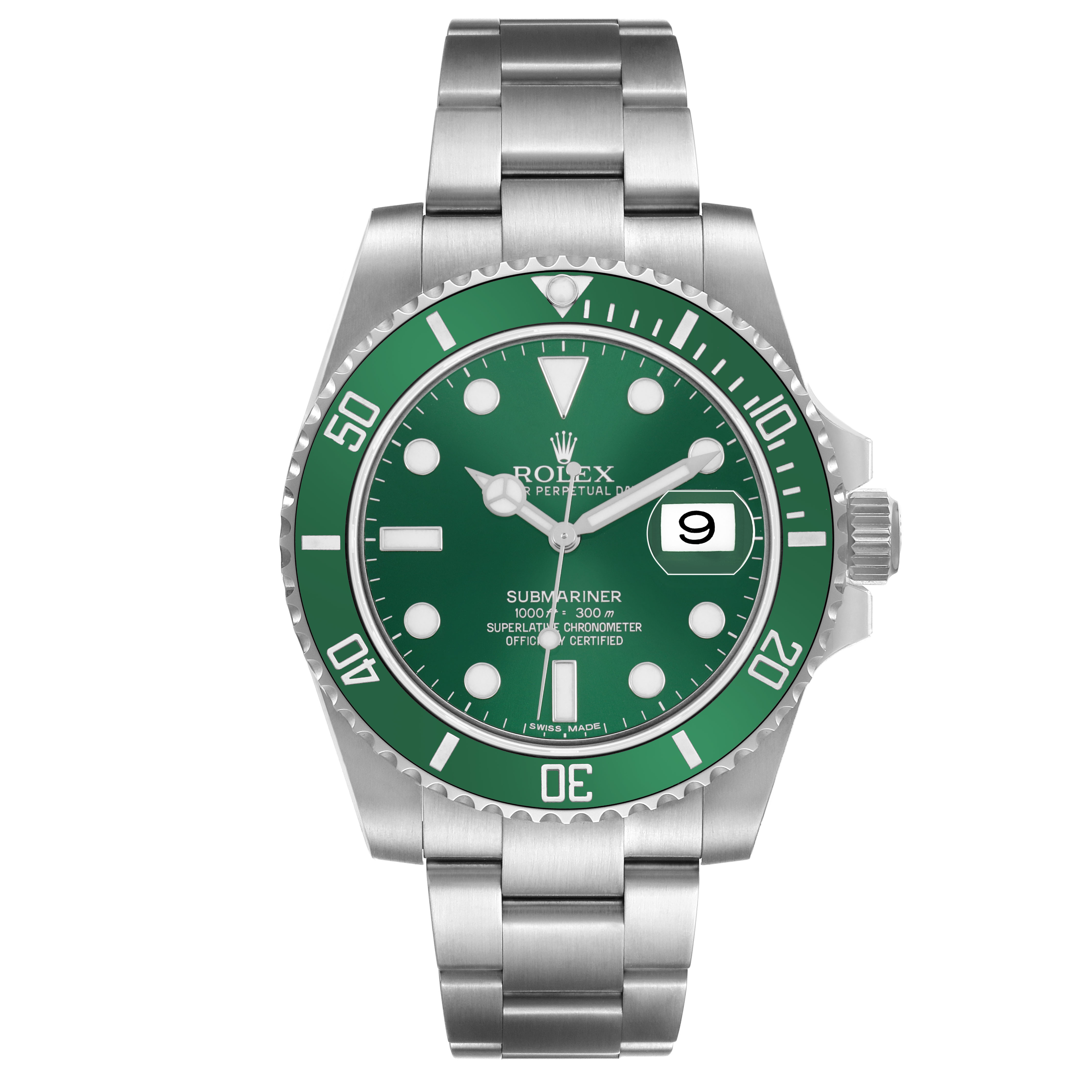 The Rolex Submariner 116610LV Men's Stainless Steel Green Dial watch is shown from a frontal angle, highlighting its green bezel, dial, and stainless steel bracelet.