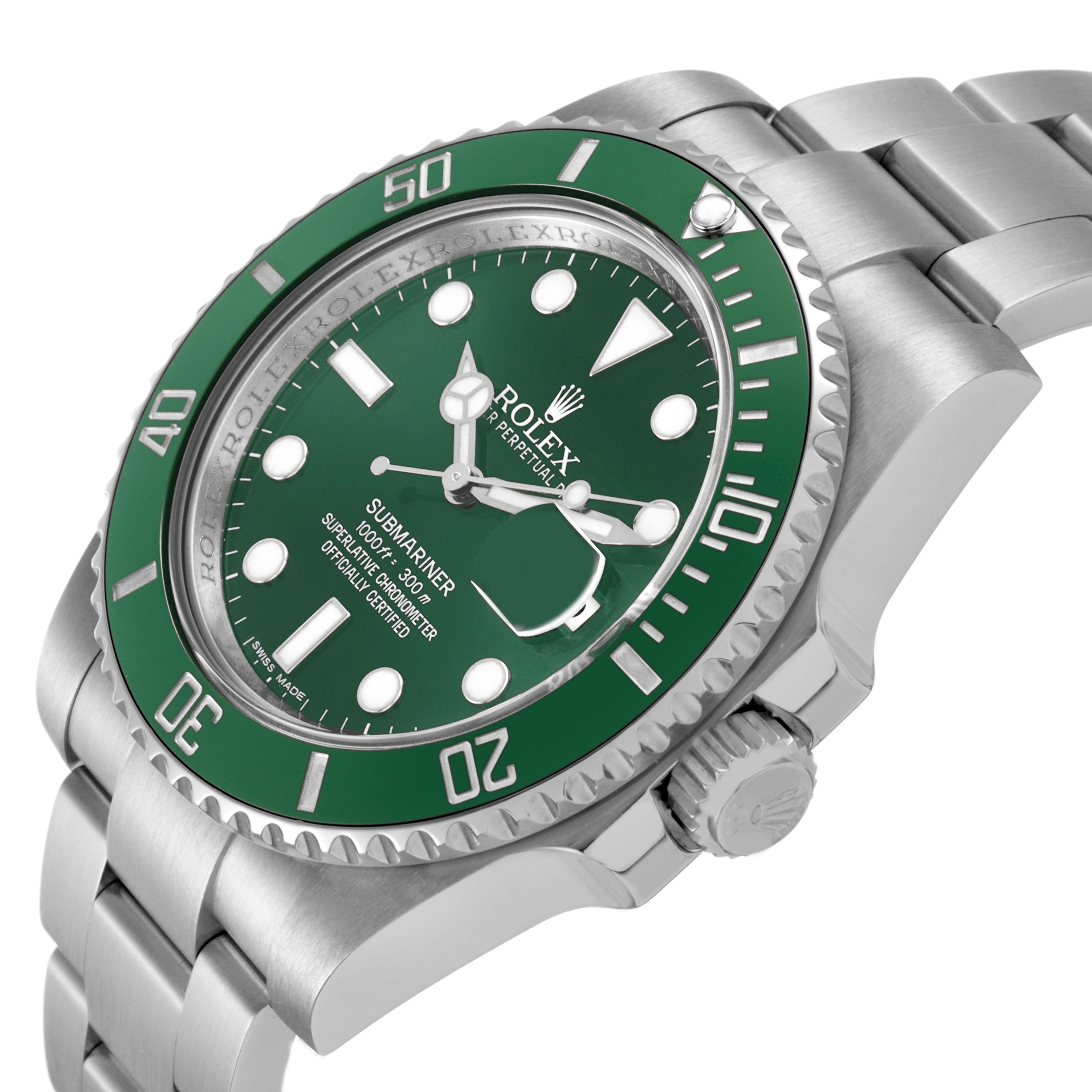 The Rolex Submariner 116610LV Men's Stainless Steel Green Dial watch is shown at a slightly tilted angle, highlighting the green bezel, dial, crown, and bracelet.
