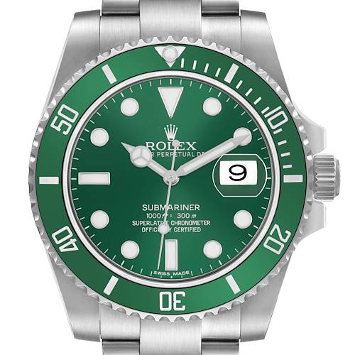 The Rolex Submariner 116610LV Men's Stainless Steel Green Dial watch is shown from the front, highlighting the green dial, bezel, and bracelet.