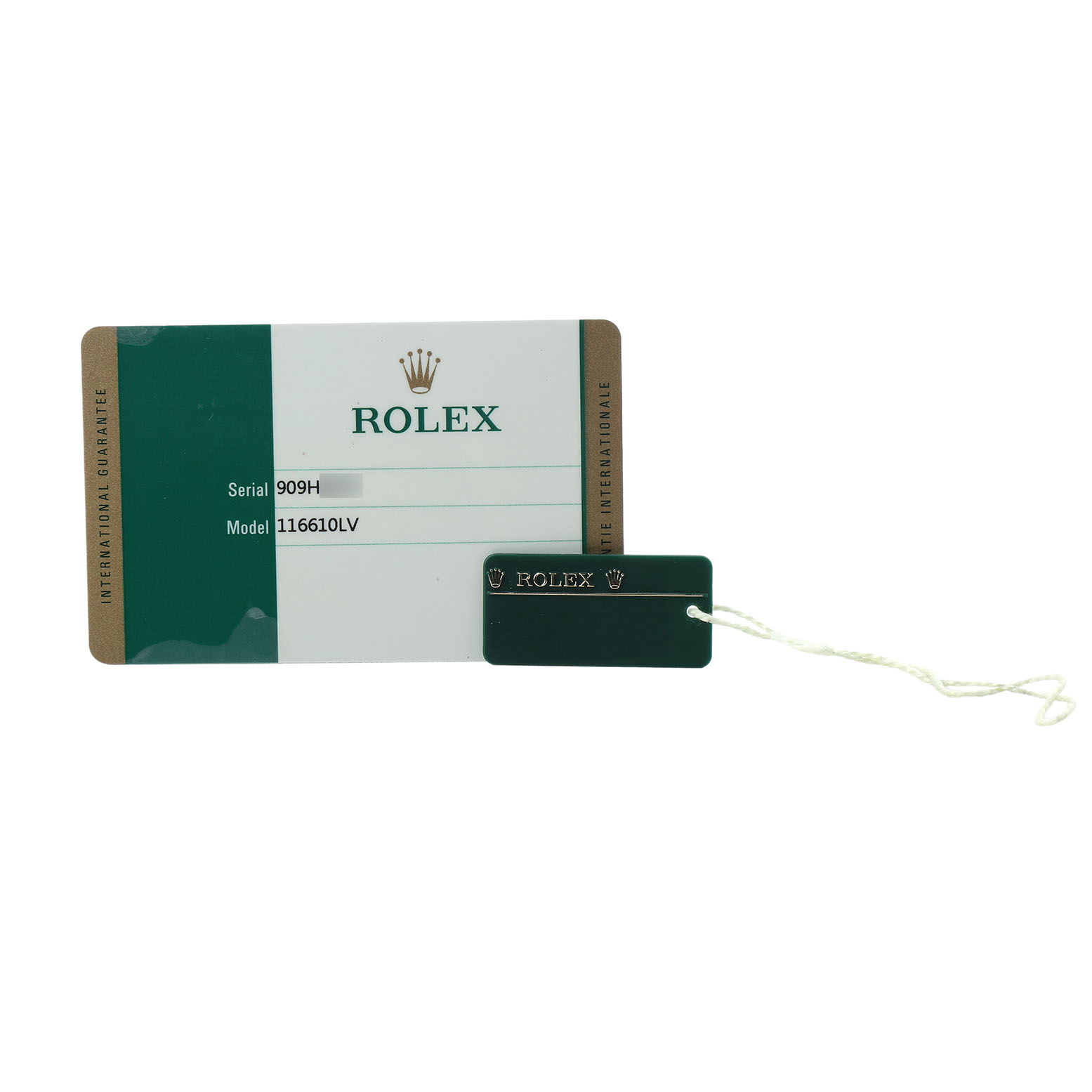 The image shows a warranty card and tag for the Rolex Submariner 116610LV Men's Stainless Steel Green Dial model 116610LV.