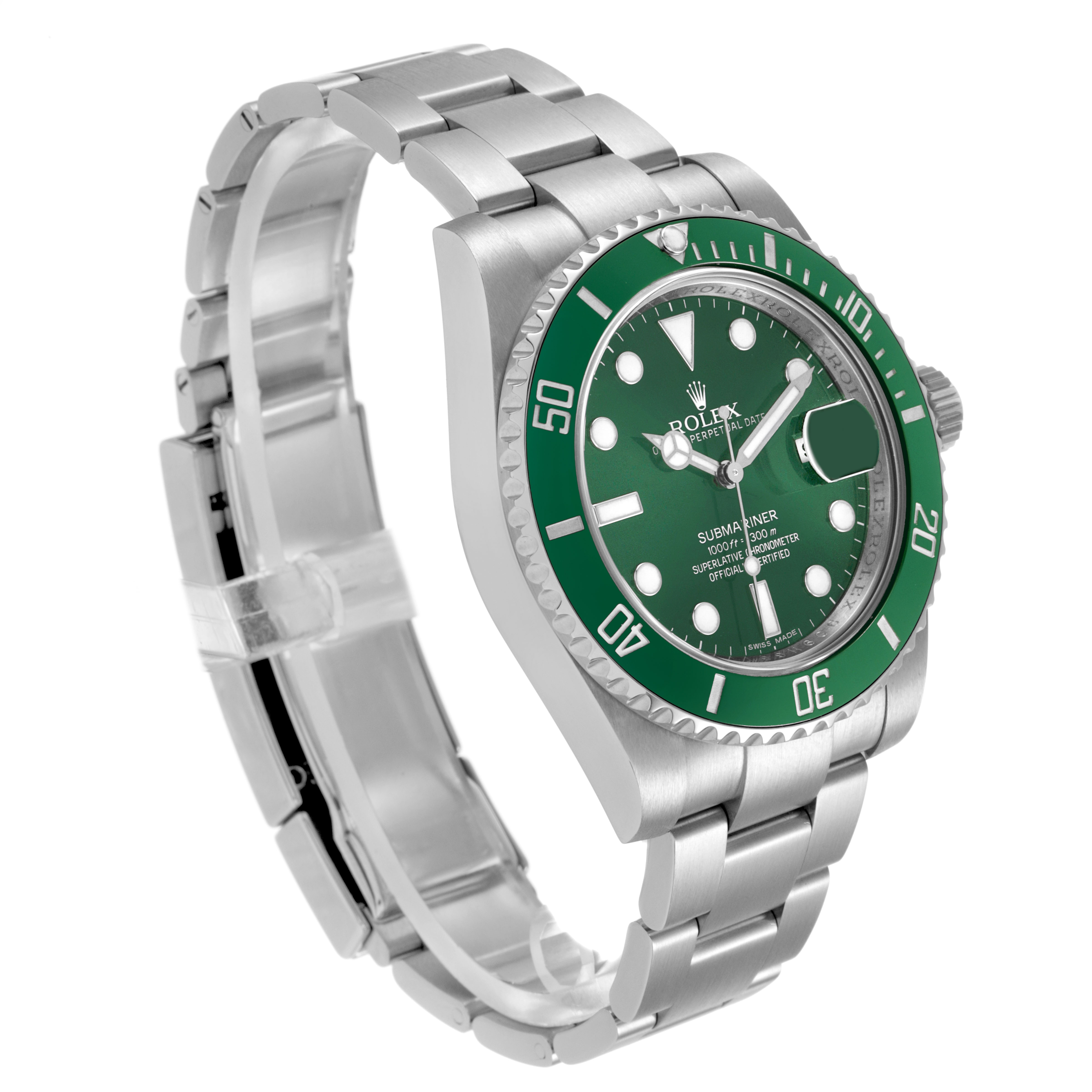 The Rolex Submariner 116610LV Men's Stainless Steel Green Dial is shown at a three-quarter angle, featuring its green bezel and dial, with a view of the bracelet and case.
