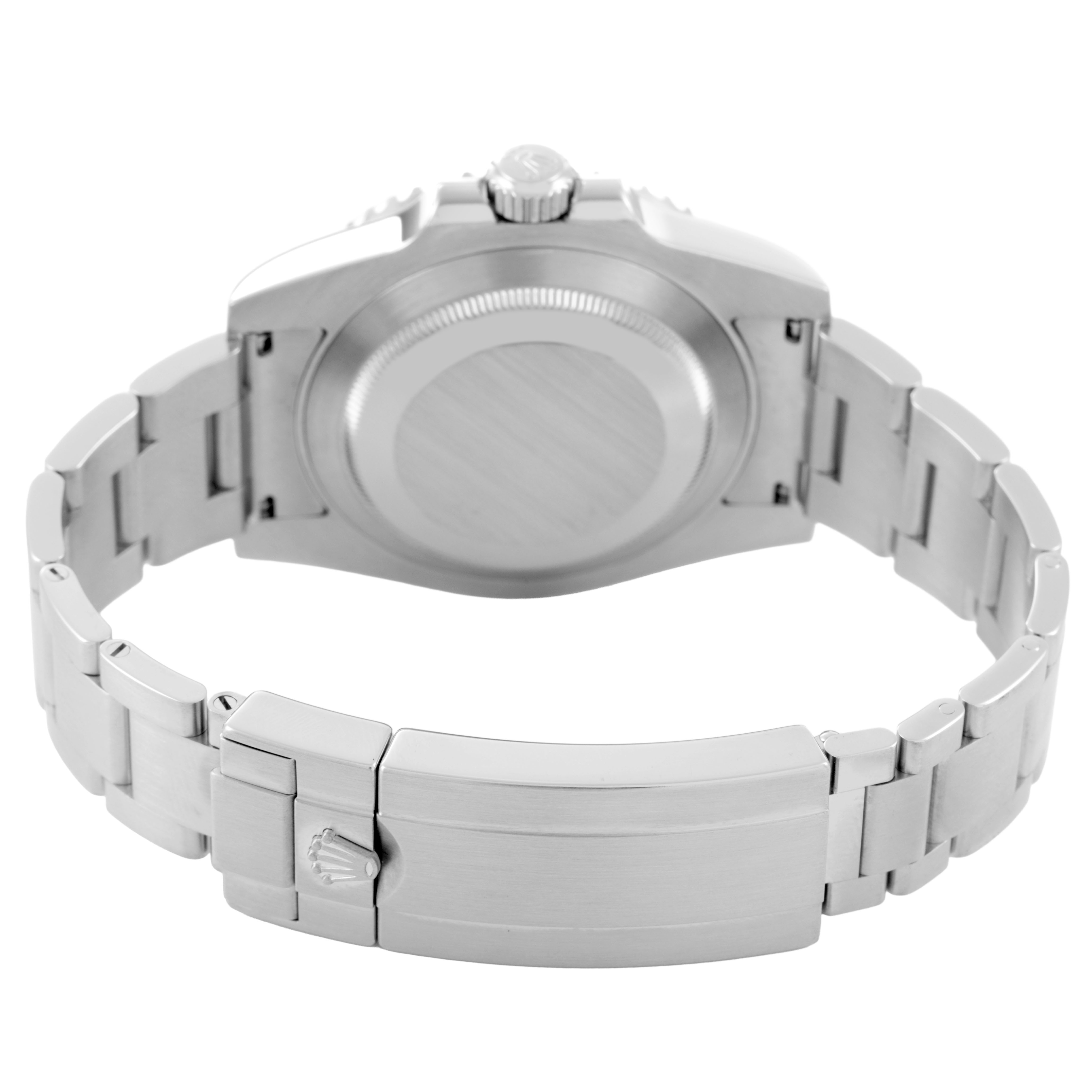 The image shows the back of a Rolex Submariner 116610LV Men's Stainless Steel Green Dial, highlighting the case back, bracelet, and clasp.