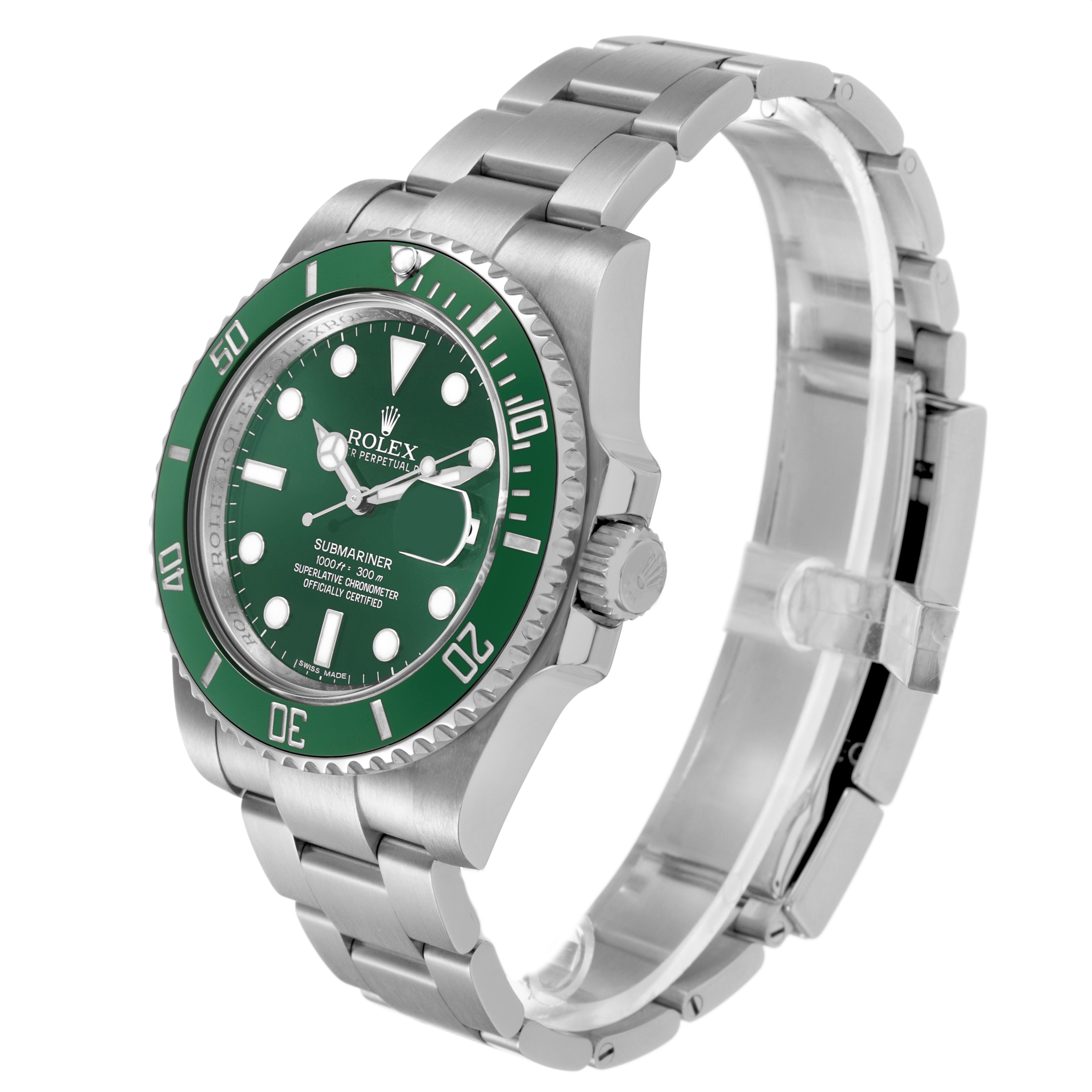 The Rolex Submariner 116610LV Men's Stainless Steel Green Dial watch is shown at a three-quarter angle highlighting the face, bezel, and bracelet.