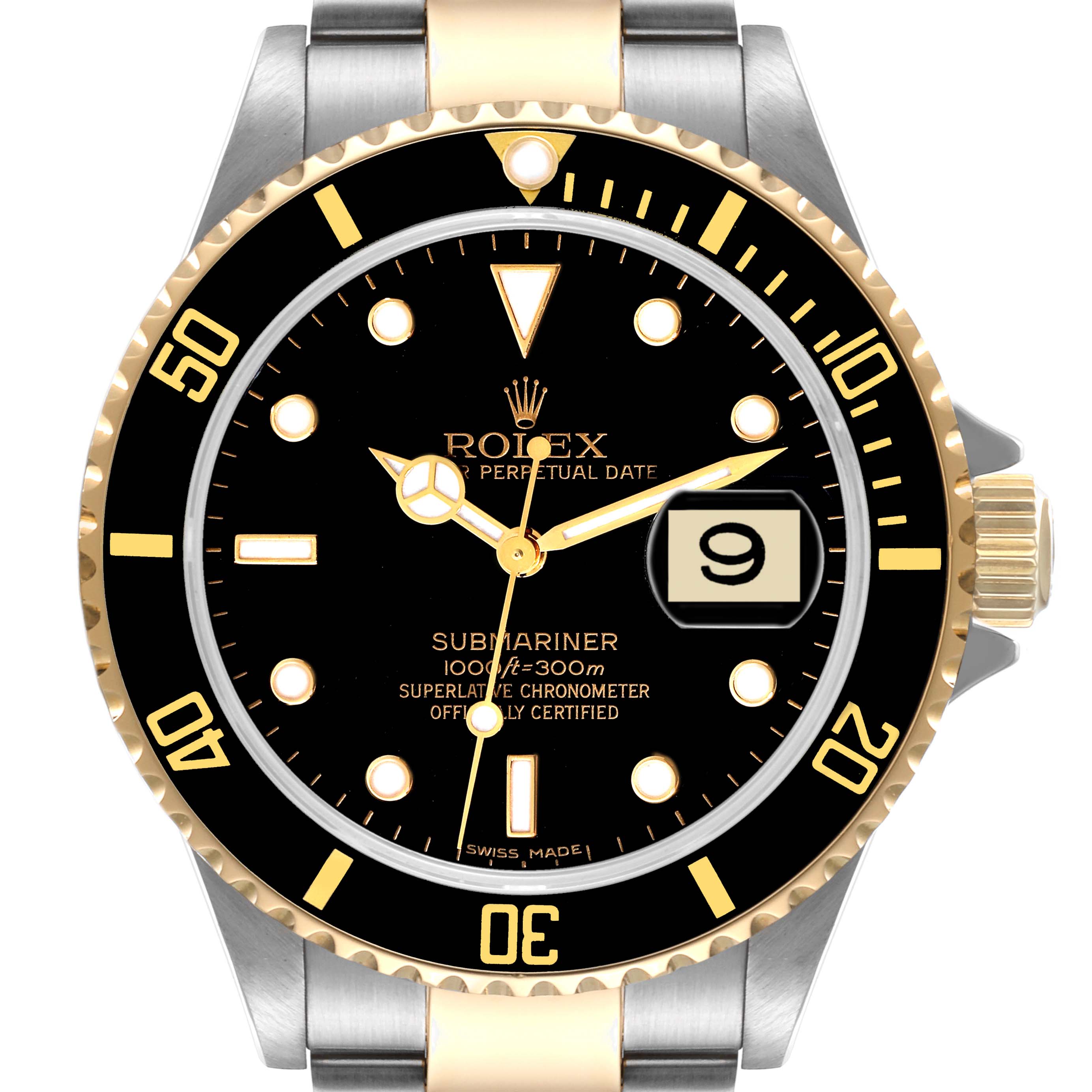 The image shows a frontal view of a Rolex Submariner 16613 Men
s Steel and Gold (two tone) Black Dial 16613 Men
s Steel and Gold (two tone) Black Dial watch, highlighting the dial, bezel, and part of the bracelet.