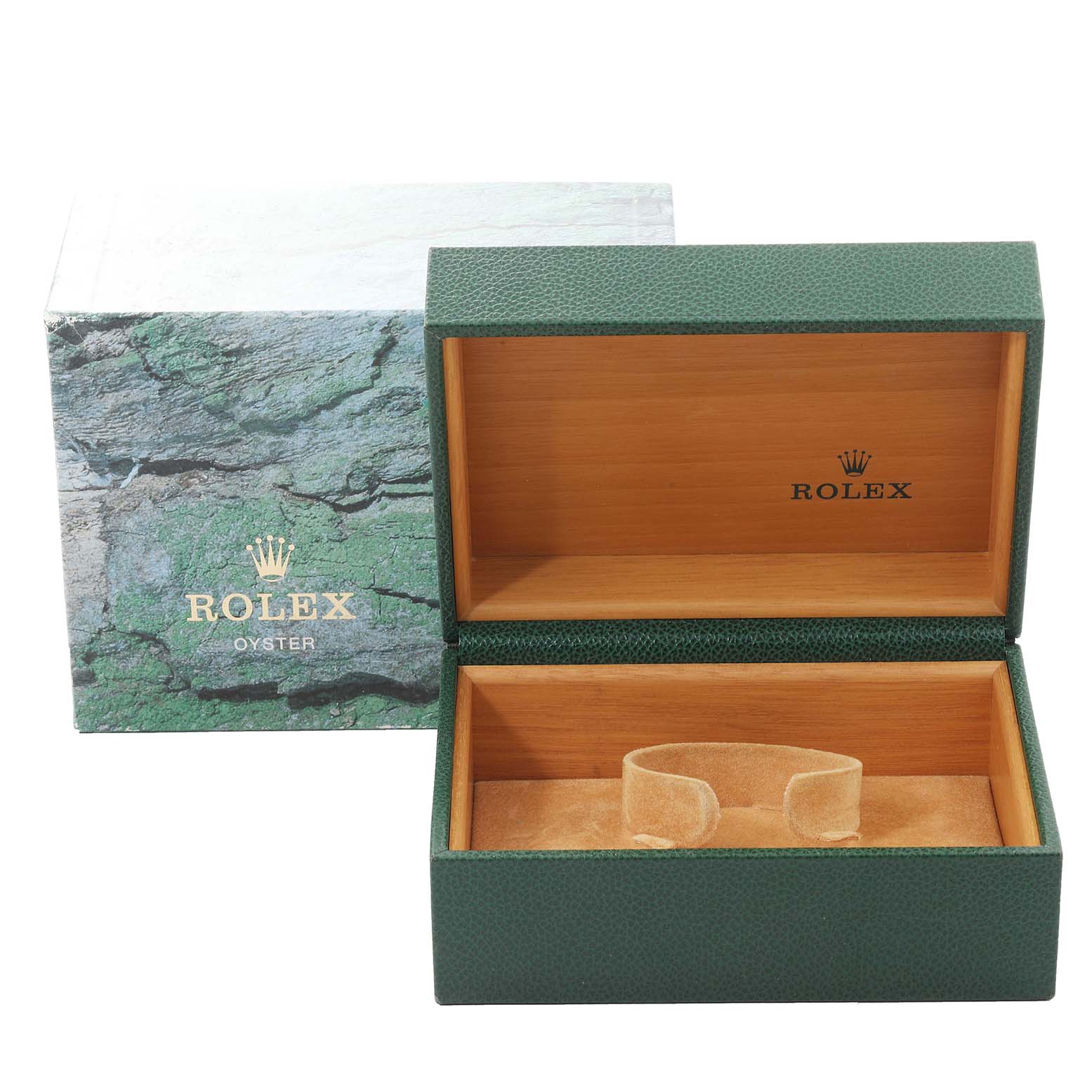 The image shows an open Rolex Submariner 16613 Men
s Steel and Gold (two tone) Black Dial 16613 Men
s Steel and Gold (two tone) Black Dial watch box with a green exterior and a beige interior.