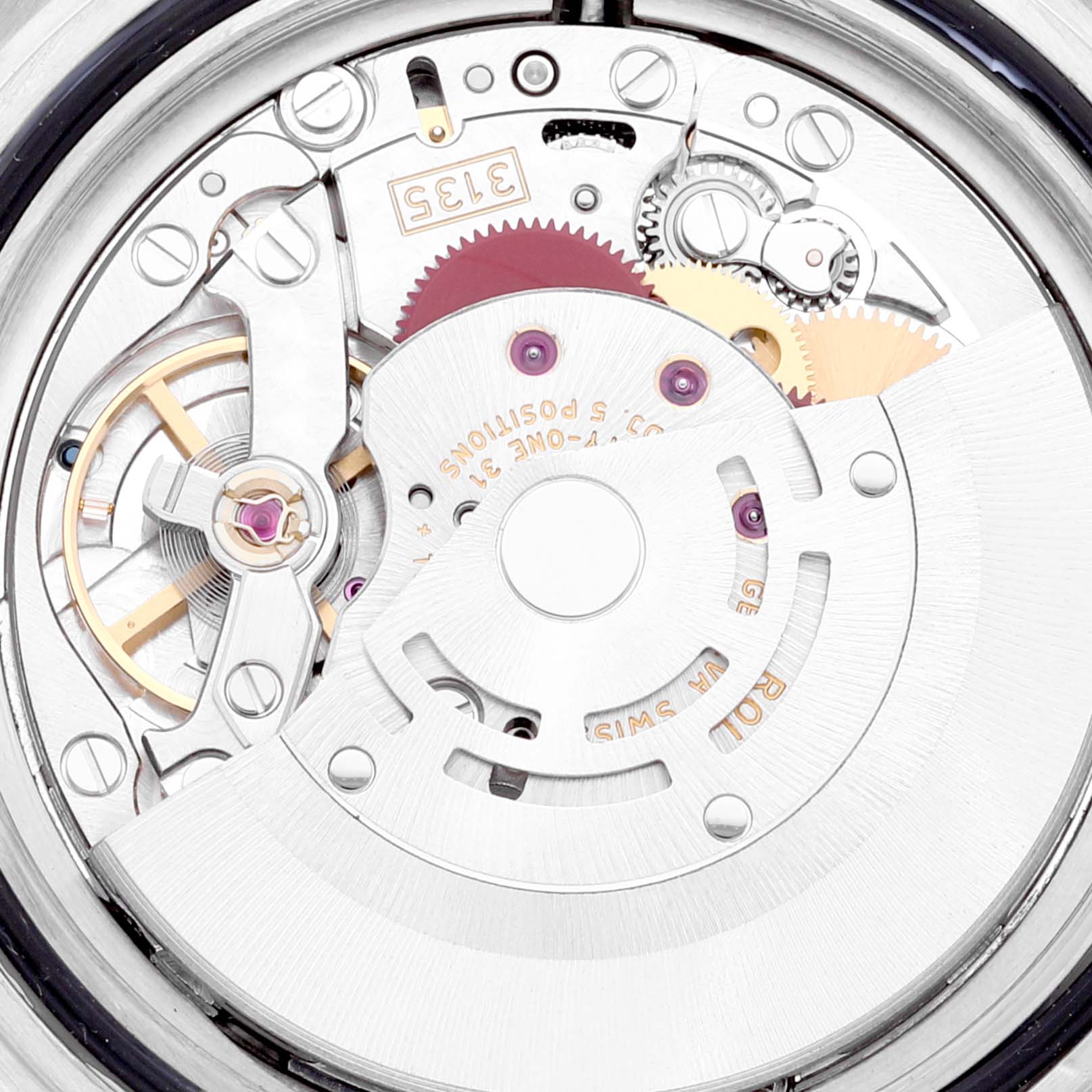 This close-up image captures the intricate inner mechanism of a Rolex Submariner 16613 Men
s Steel and Gold (two tone) Black Dial 16613 Men
s Steel and Gold (two tone) Black Dial watch, showcasing its gears and components.