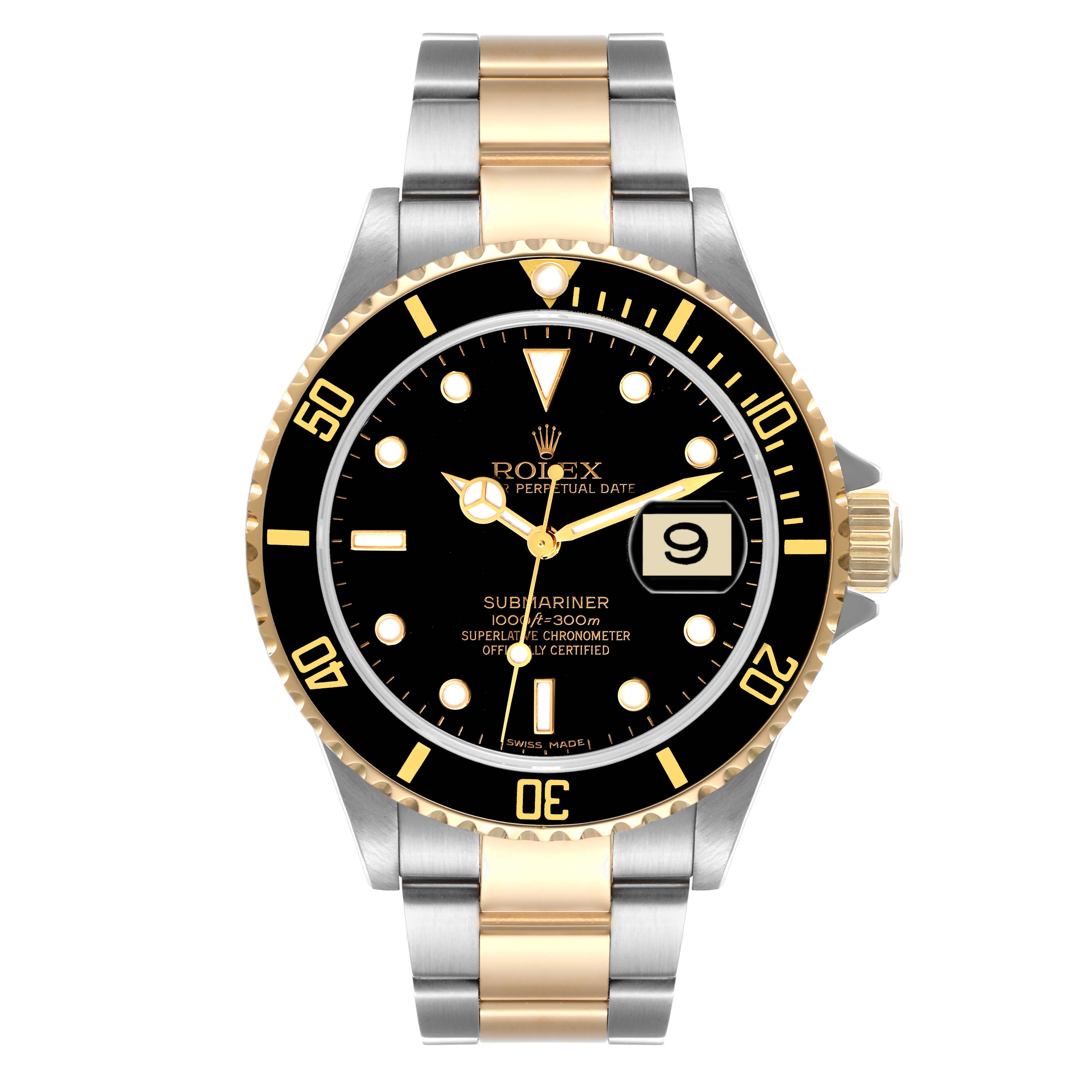 The image shows a front view of a Rolex Submariner 16613 Men
s Steel and Gold (two tone) Black Dial 16613 Men
s Steel and Gold (two tone) Black Dial watch with a black dial, gold accents, and a two-tone bracelet.