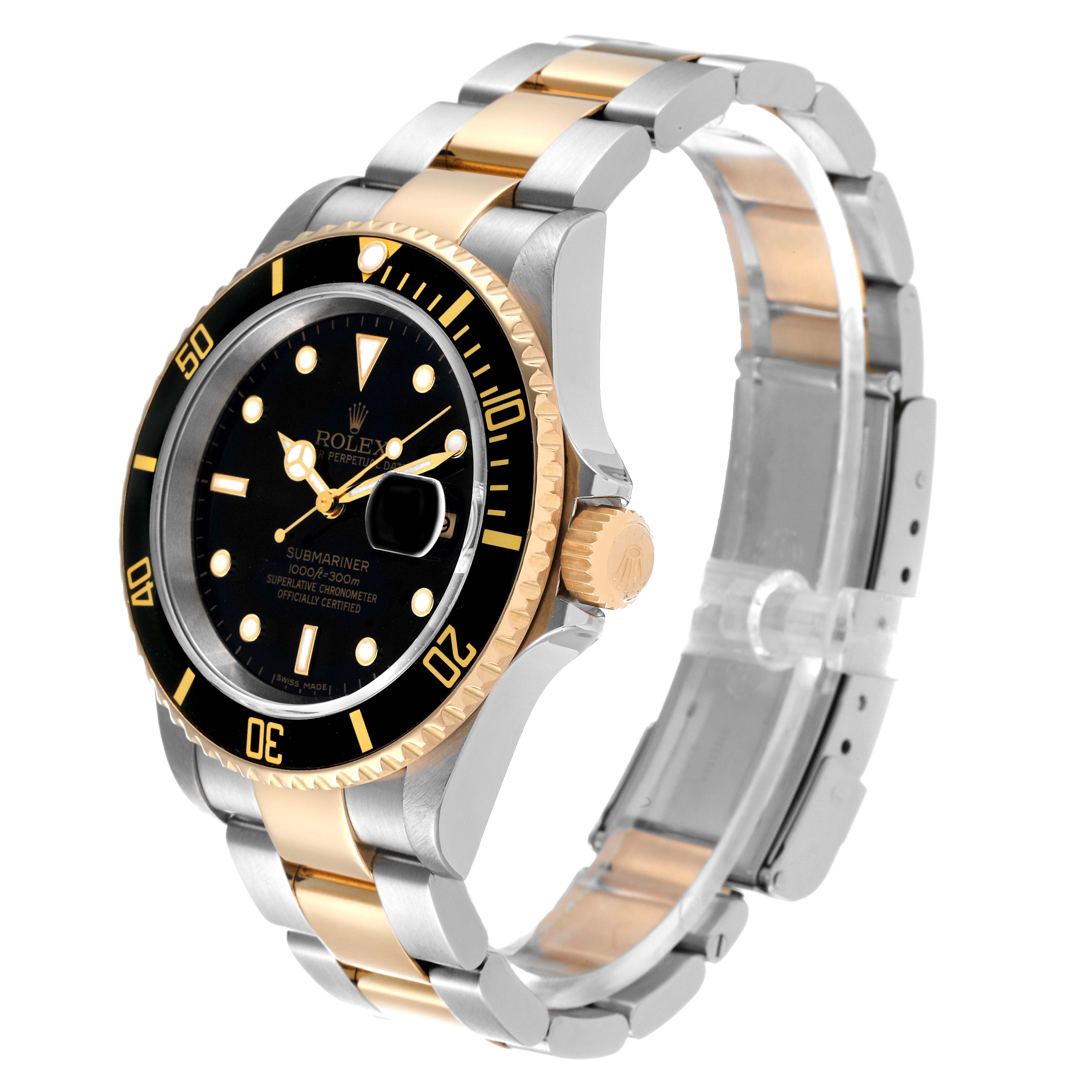 The Rolex Submariner 16613 Men
s Steel and Gold (two tone) Black Dial 16613 Men
s Steel and Gold (two tone) Black Dial watch is shown at a three-quarter angle, highlighting the bezel, dial, and two-tone bracelet.