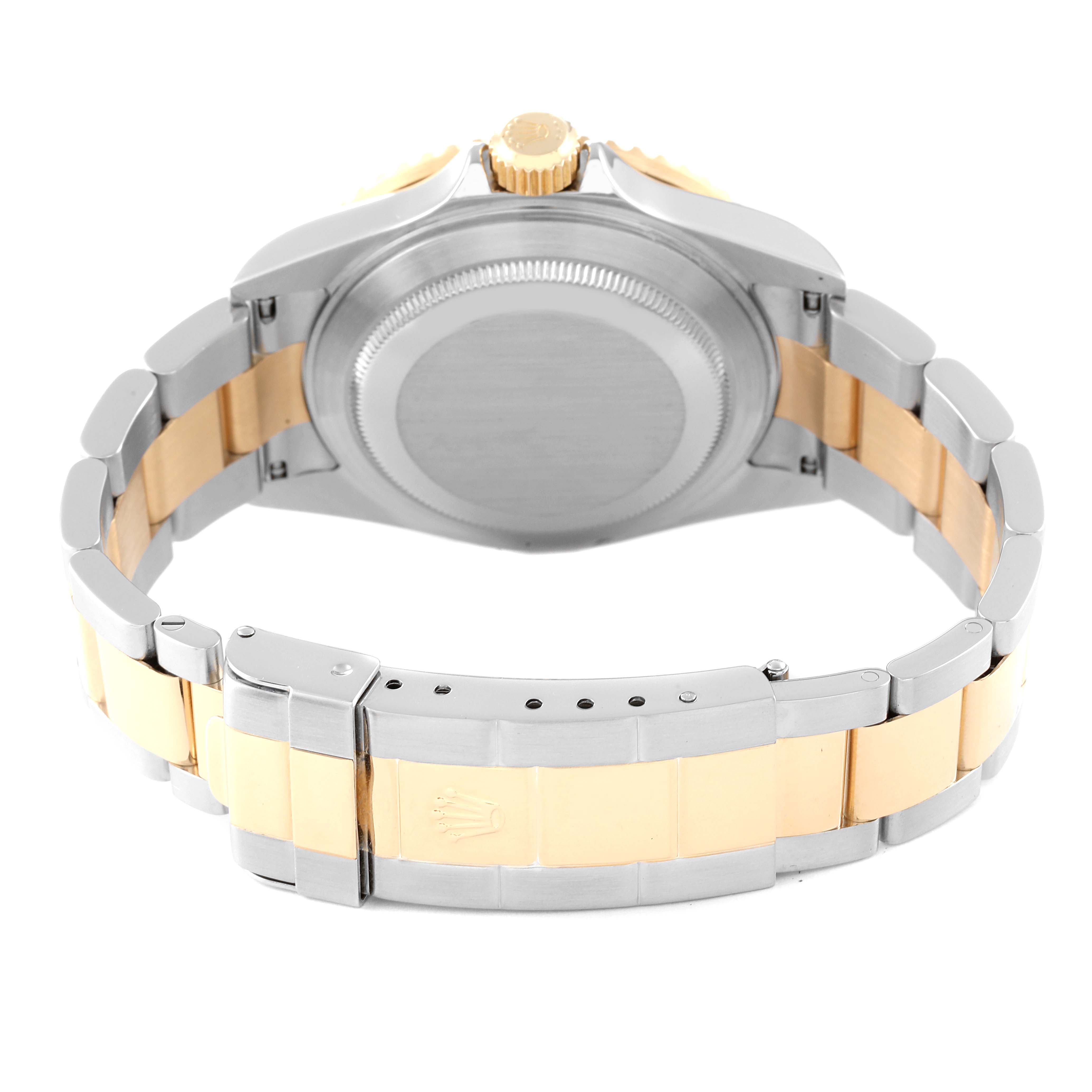 This is a rear view of a Rolex Submariner 16613 Men
s Steel and Gold (two tone) Black Dial 16613 Men
s Steel and Gold (two tone) Black Dial, showing the case back, crown, and two-tone bracelet with clasp.