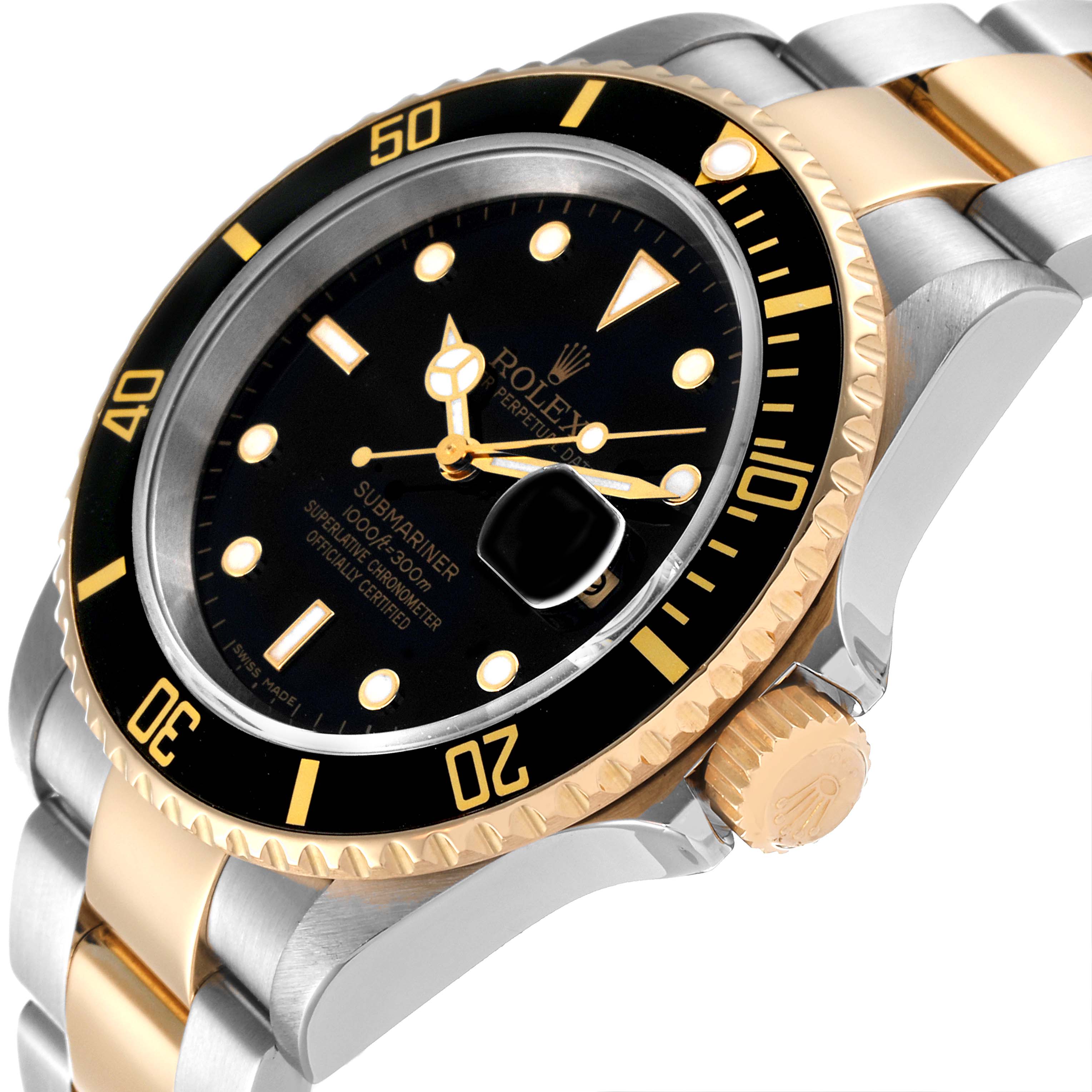 The image shows a close-up side angle of the Rolex Submariner 16613 Men
s Steel and Gold (two tone) Black Dial 16613 Men
s Steel and Gold (two tone) Black Dial, highlighting its bezel, dial, crown, and part of the bracelet.