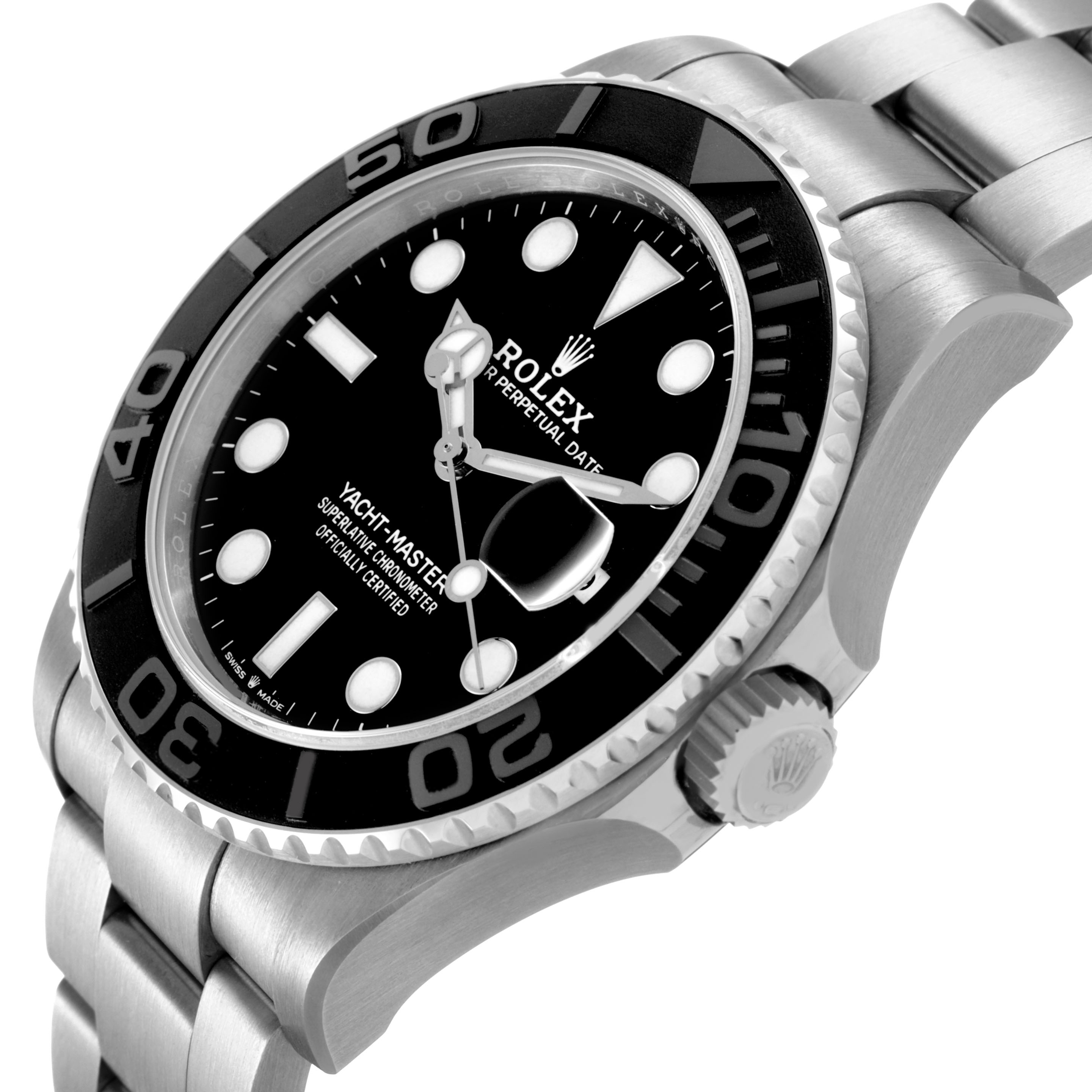 The Rolex Yacht-Master 226627 Men's Titanium Black Dial watch is shown at a three-quarter angle, highlighting the dial, bezel, crown, and bracelet.