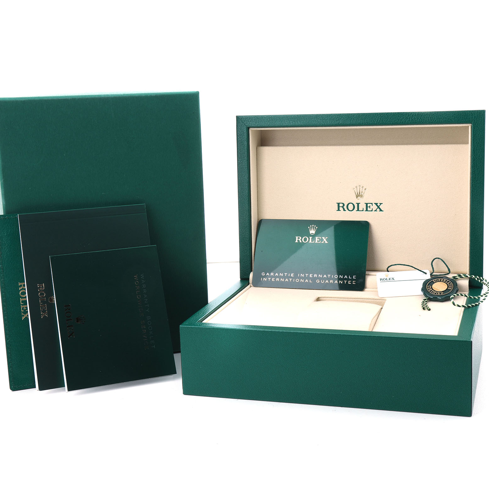 The image shows a Rolex Yacht-Master 226627 Men's Titanium Black Dial package with a box, booklets, warranty card, and tags.