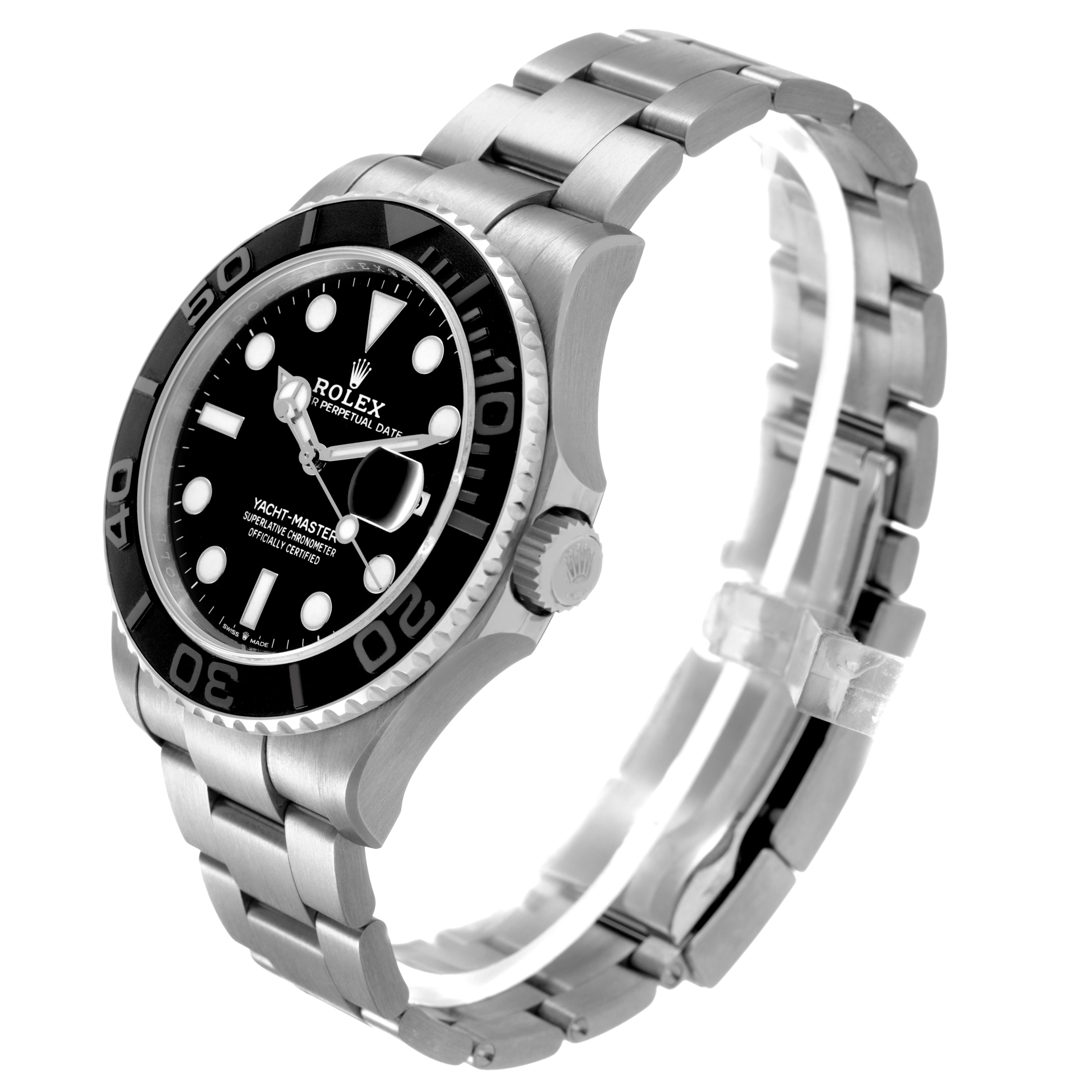 The Rolex Yacht-Master 226627 Men's Titanium Black Dial watch is shown in a three-quarter angle, highlighting the face, bezel, crown, and bracelet.