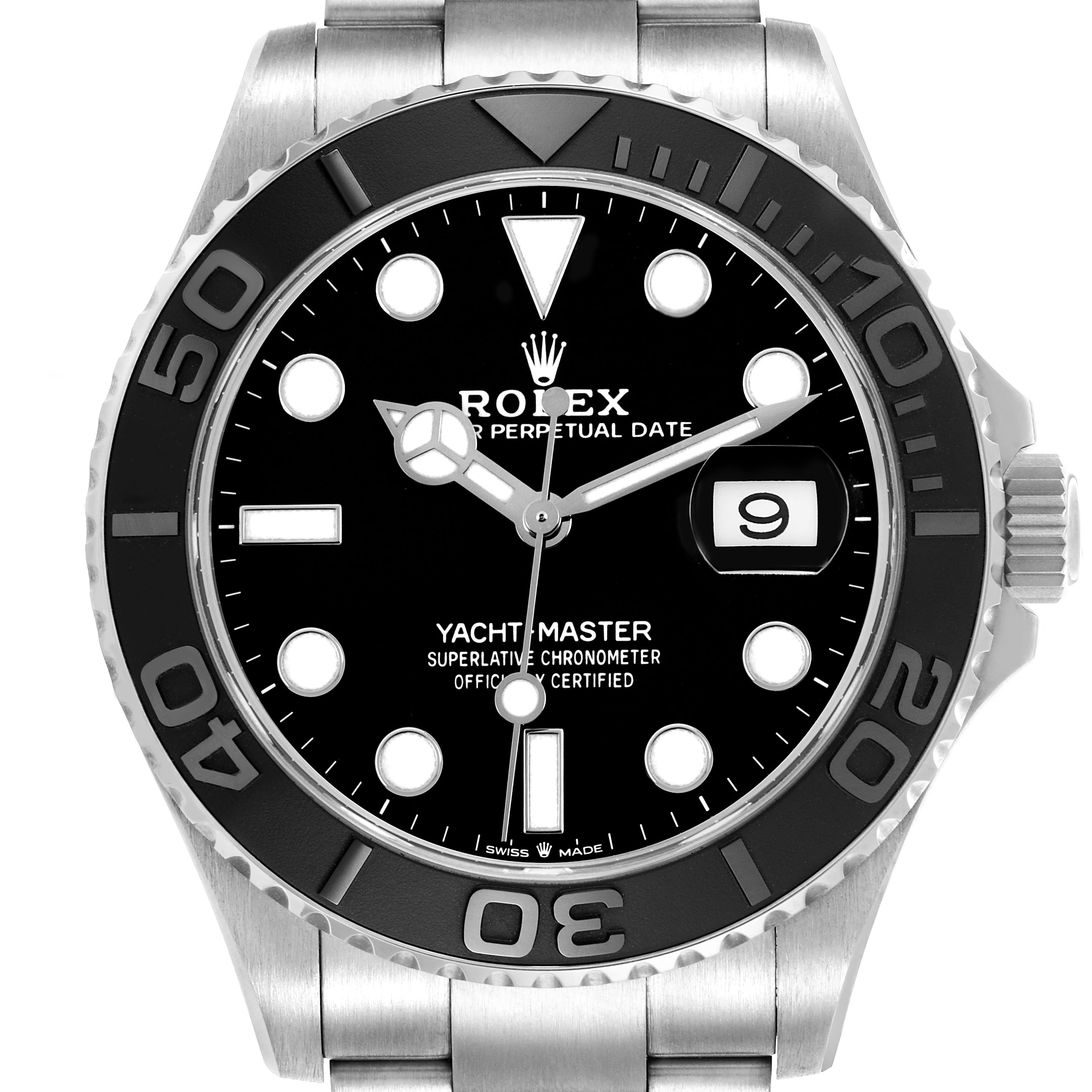 The Rolex Yacht-Master 226627 Men's Titanium Black Dial watch is shown from a front angle, displaying the dial, bezel, hands, and bracelet.