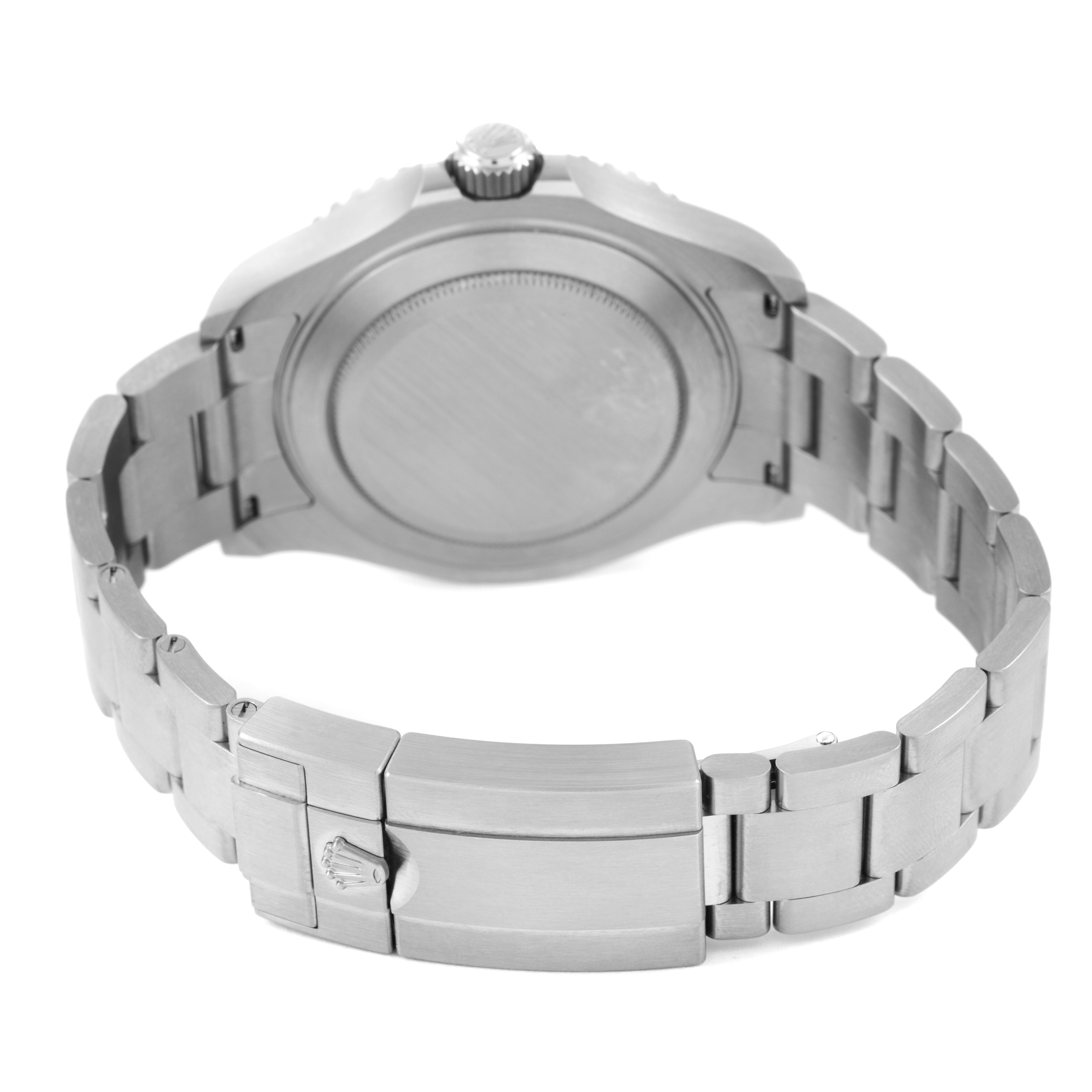 The image shows the back view of a Rolex Yacht-Master 226627 Men's Titanium Black Dial watch, highlighting its clasp and bracelet.