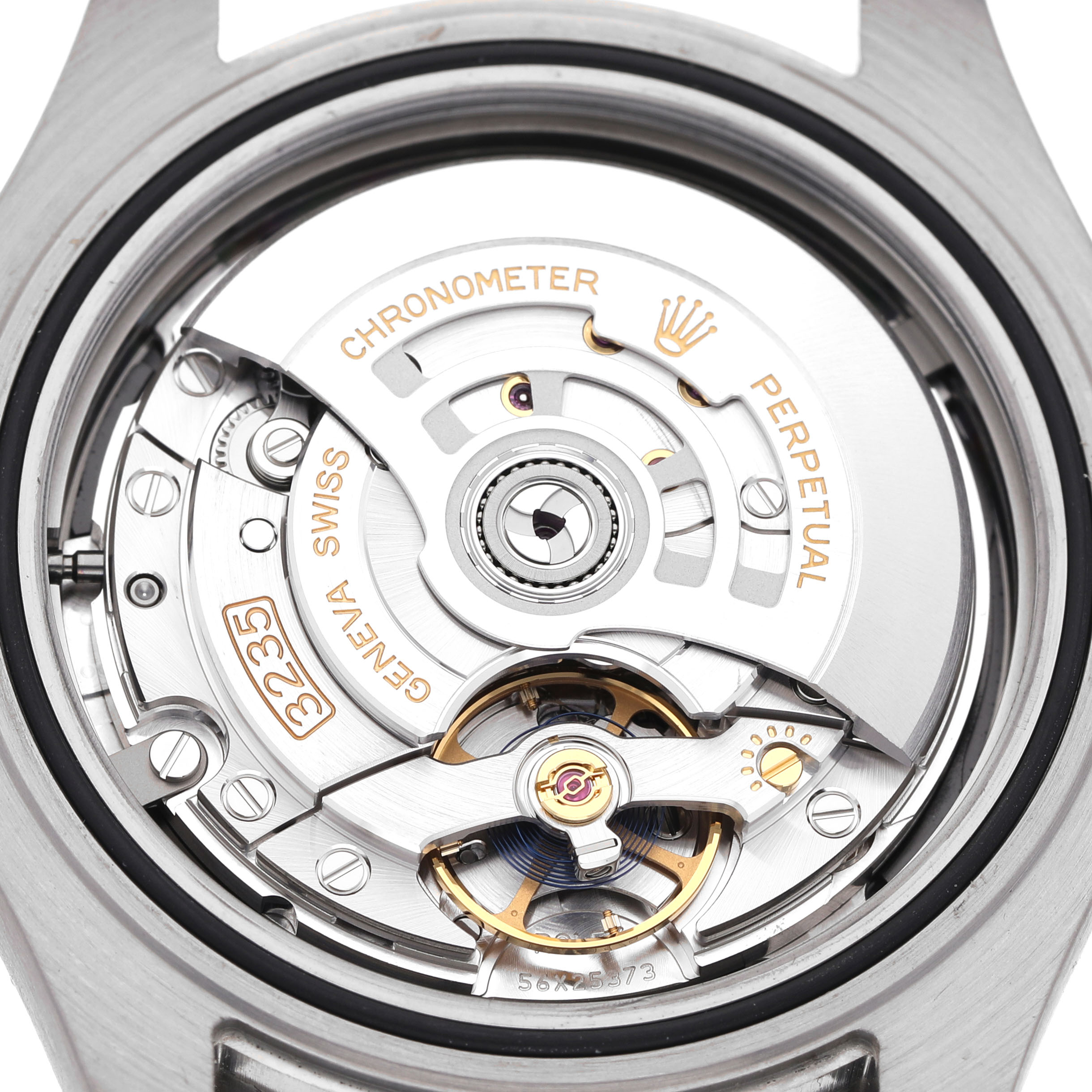 The image shows the movement of a Rolex Yacht-Master 226627 Men's Titanium Black Dial, highlighting its intricate internal mechanics.