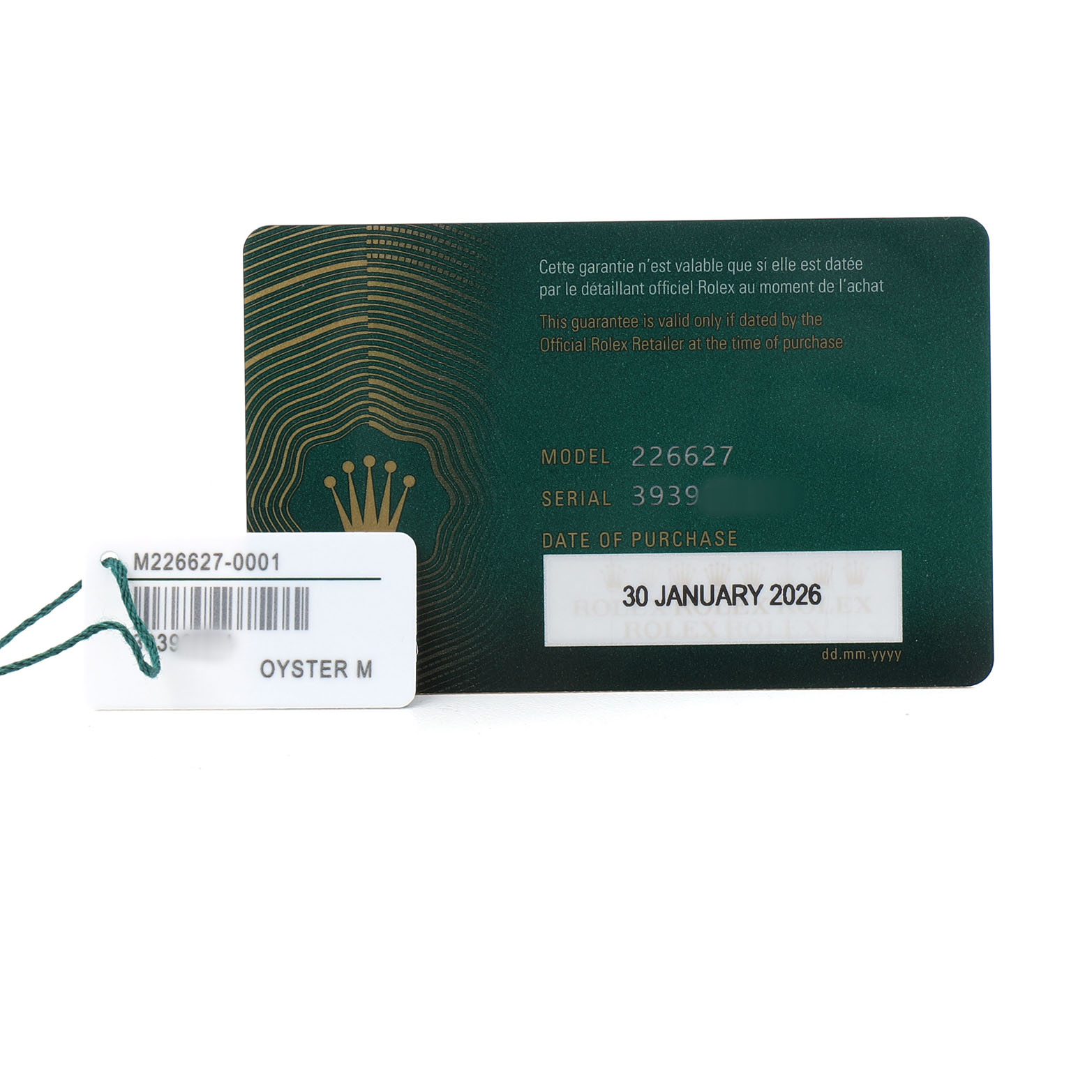The image shows the warranty card and tag for a Rolex Yacht-Master 226627 Men's Titanium Black Dial watch.