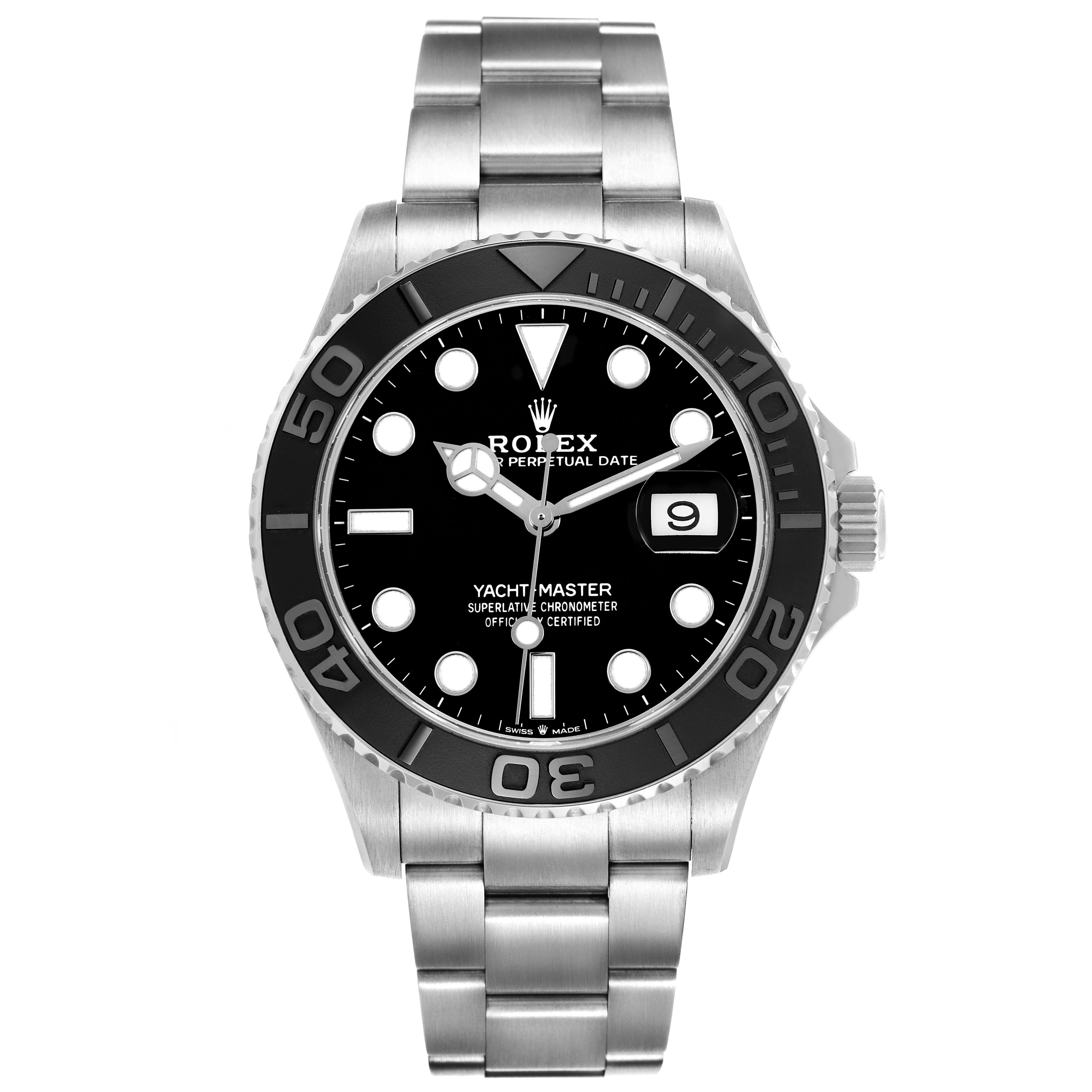 The Rolex Yacht-Master 226627 Men's Titanium Black Dial is shown from a front angle, highlighting the face, bezel, and bracelet.