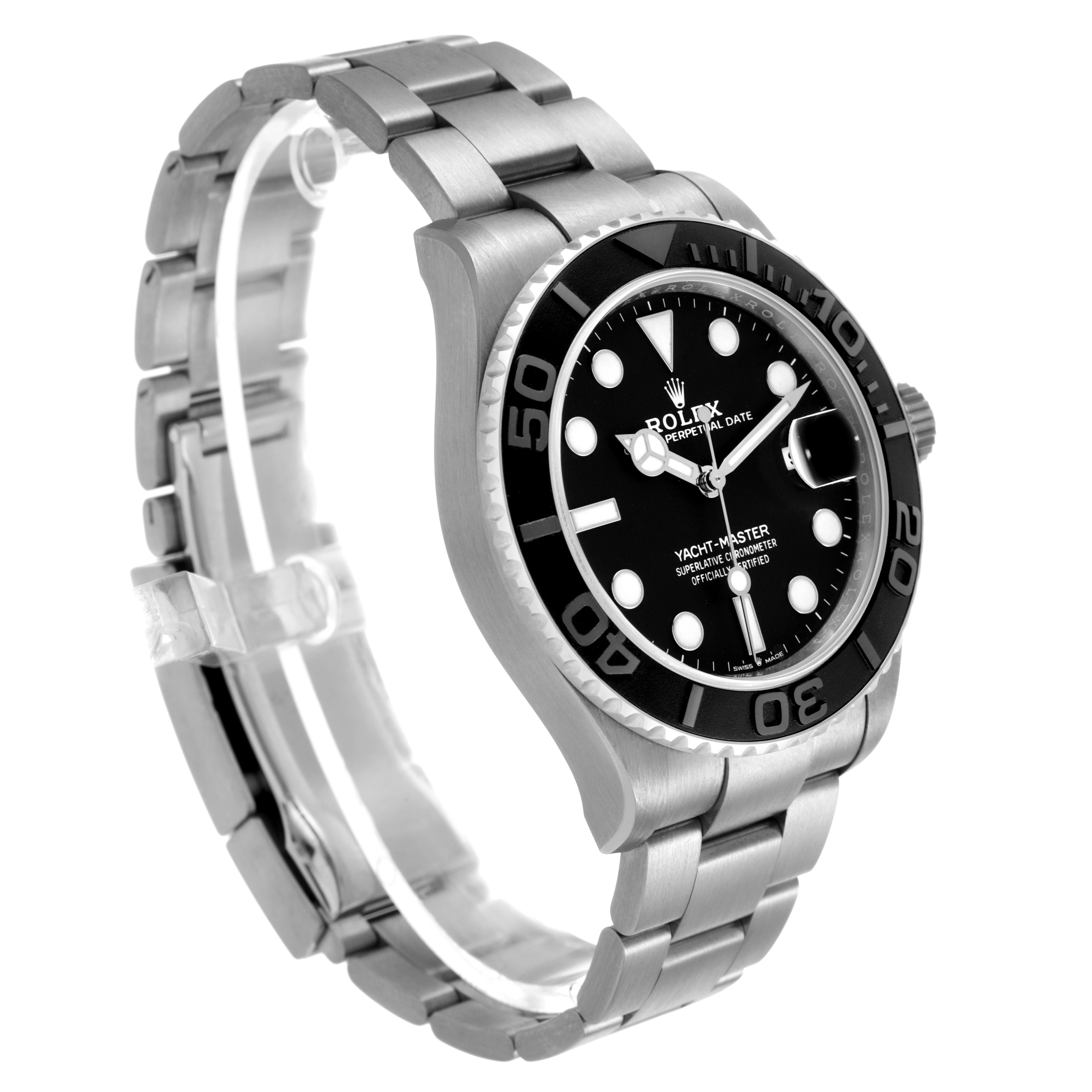 The image shows a Rolex Yacht-Master 226627 Men's Titanium Black Dial watch from a left-side angle displaying the bracelet, bezel, and dial.
