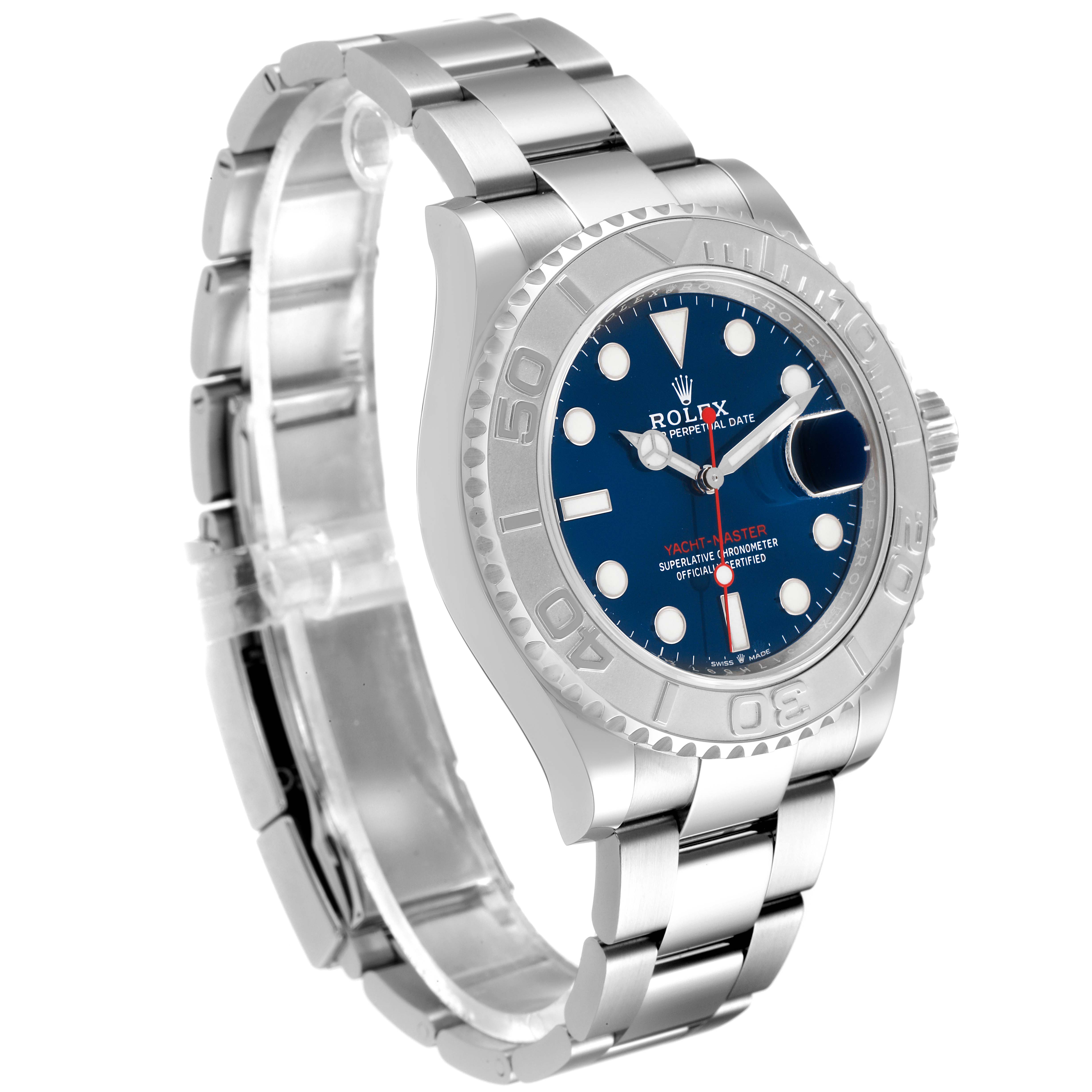 The Rolex Yacht-Master 126622 Men's Stainless Steel Blue Dial 126622 Men's Stainless Steel Blue Dial watch is shown at a slight angle, displaying the face, bezel, crown, and stainless steel bracelet.