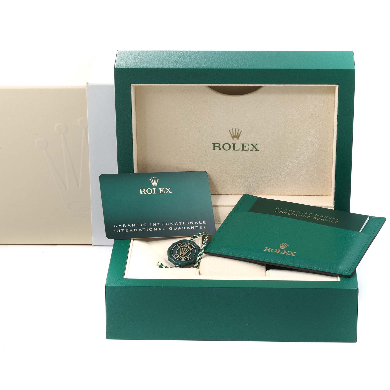 The image shows the packaging and accessories, including guarantee cards and booklets, of a Rolex Yacht-Master 126622 Men's Stainless Steel Blue Dial 126622 Men's Stainless Steel Blue Dial watch.