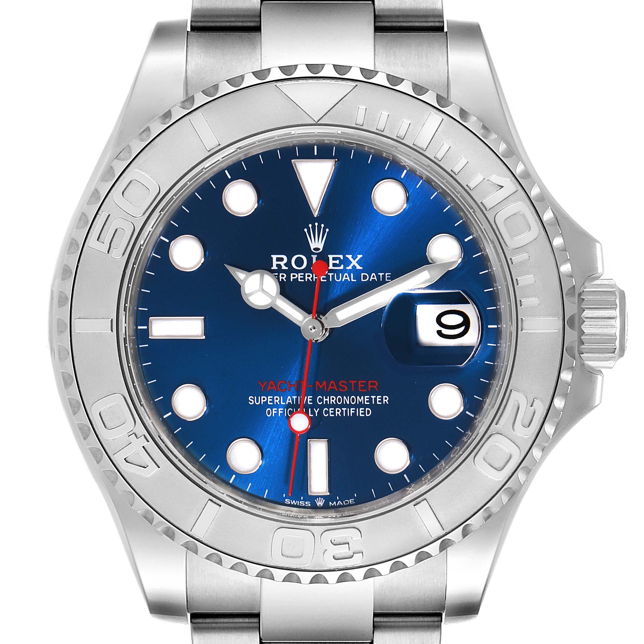 The image shows a front view of the Rolex Yacht-Master 126622 Men's Stainless Steel Blue Dial 126622 Men's Stainless Steel Blue Dial watch, highlighting its blue dial, bezel, and stainless steel bracelet.
